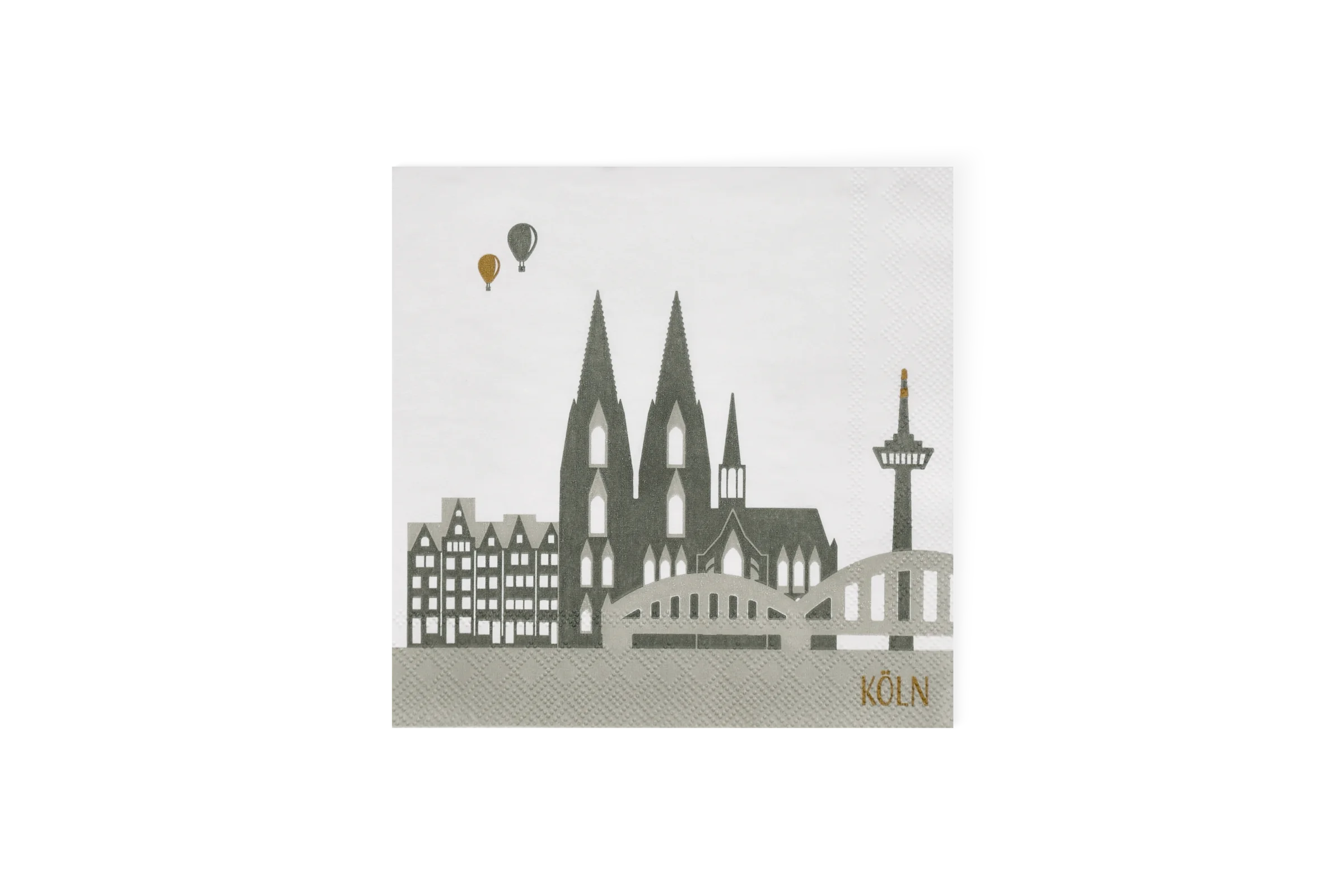 Weiße Cocktailserviette mit grauer Kölner Skyline, Heißluftballons und goldfarbener Aufschrift, KÖLN, in der Vorderansicht.
