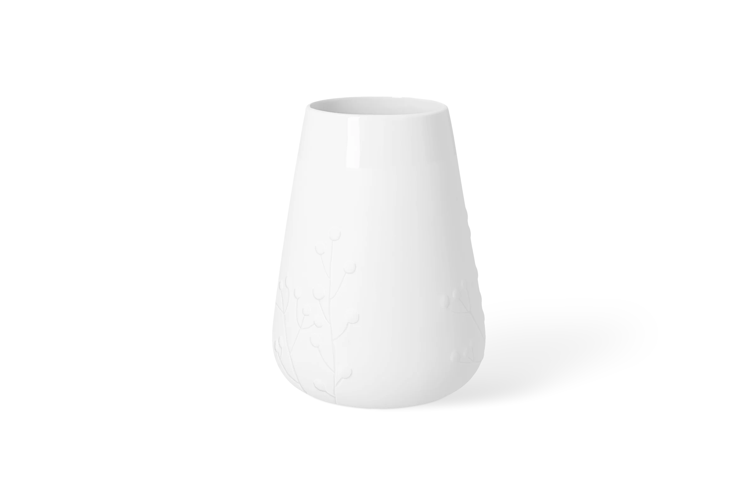 Weiße Vase Blütezeit mit hochgeprägten Blütenzweigen und leicht konischer Form in der Vorderansicht.