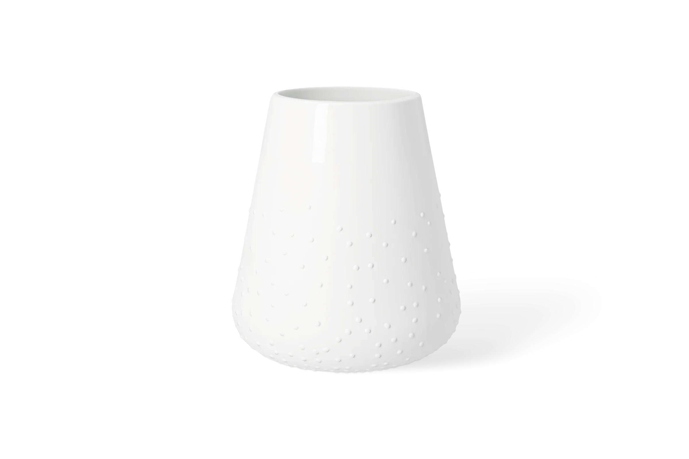 Vase Poesie Punkte Weiße Porzellanvase Blütezeit mit konischer Form und erhabenen Punkten in der Vorderansicht.