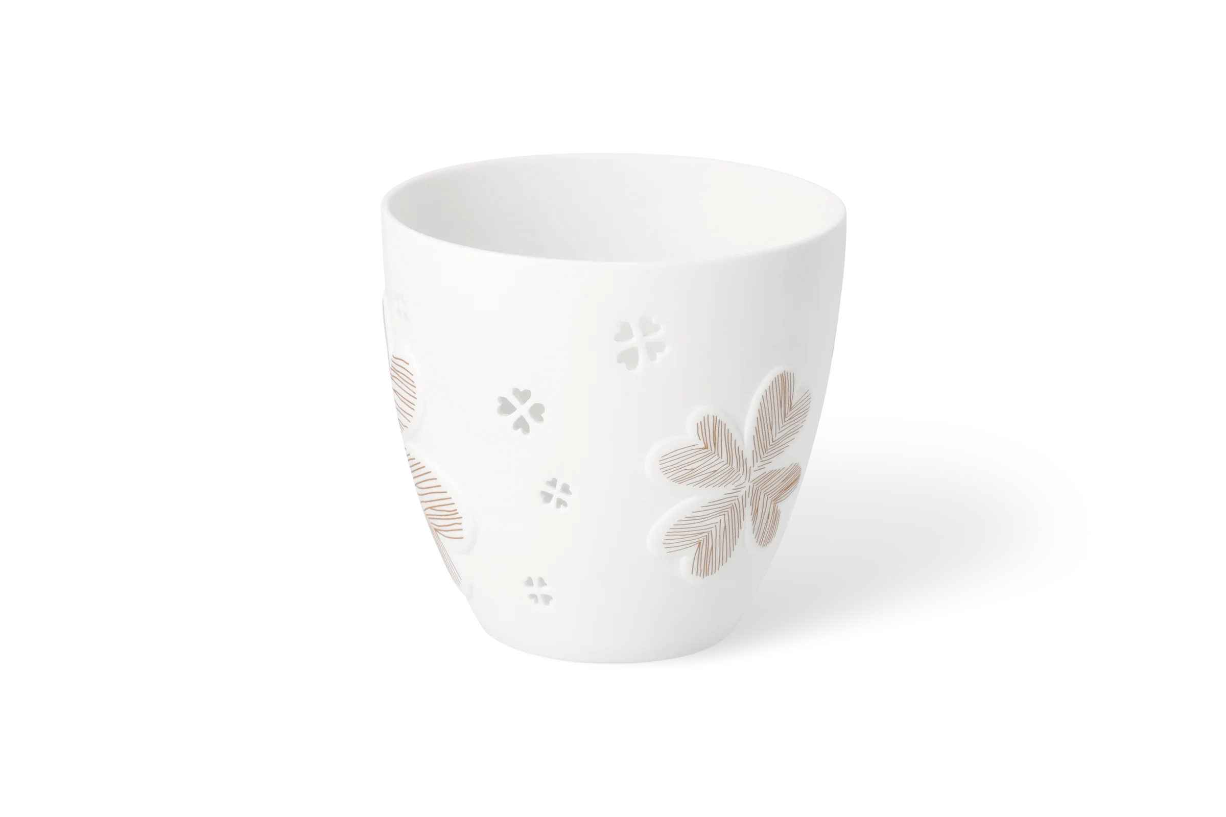 Weißer Teelichthalter Blütezeit mit floralen Tiefreliefs und goldfarbenen Linienmustern in der hinteren Rechtsansicht.