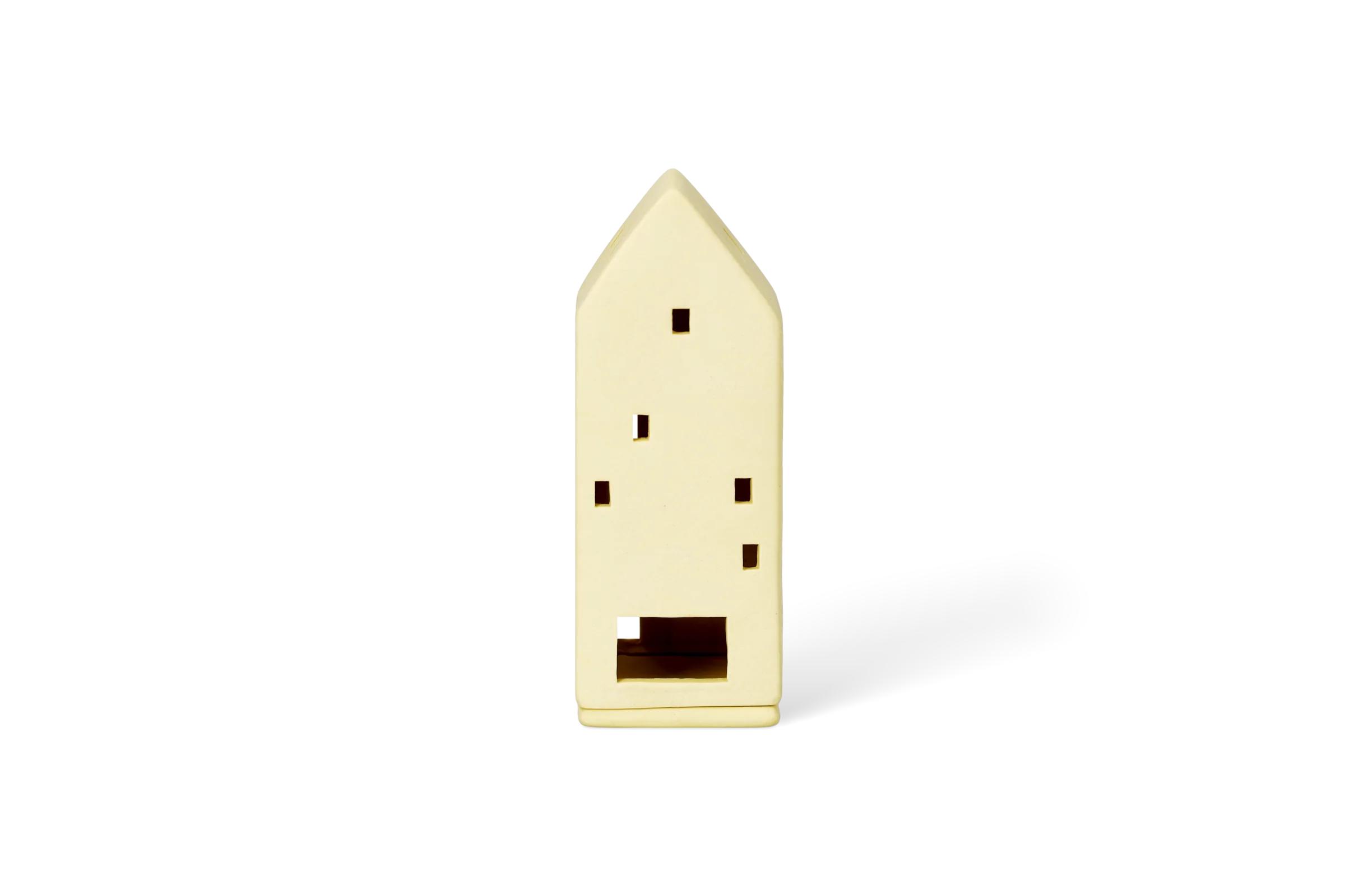 Gelbes Lichthaus aus der Serie Softtone mit kleinen quadratischen Fenstern und großer Öffnung in der Rückansicht.