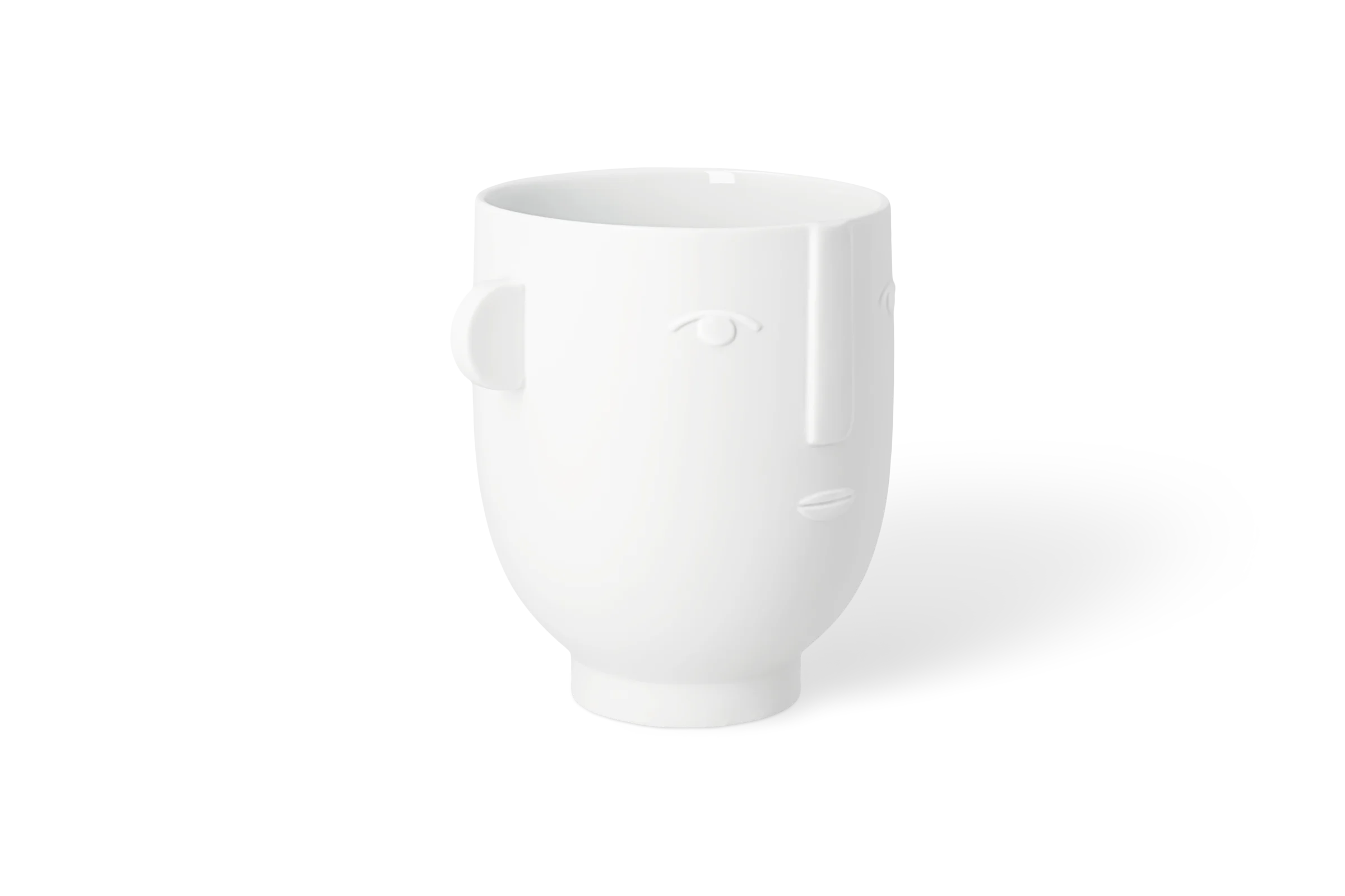 Vase Naturgestalten Weiße Vase Naturgestalten in Gesichtsform mit erhabenen Augen, Nase und Mund, vordere Linksansicht.
