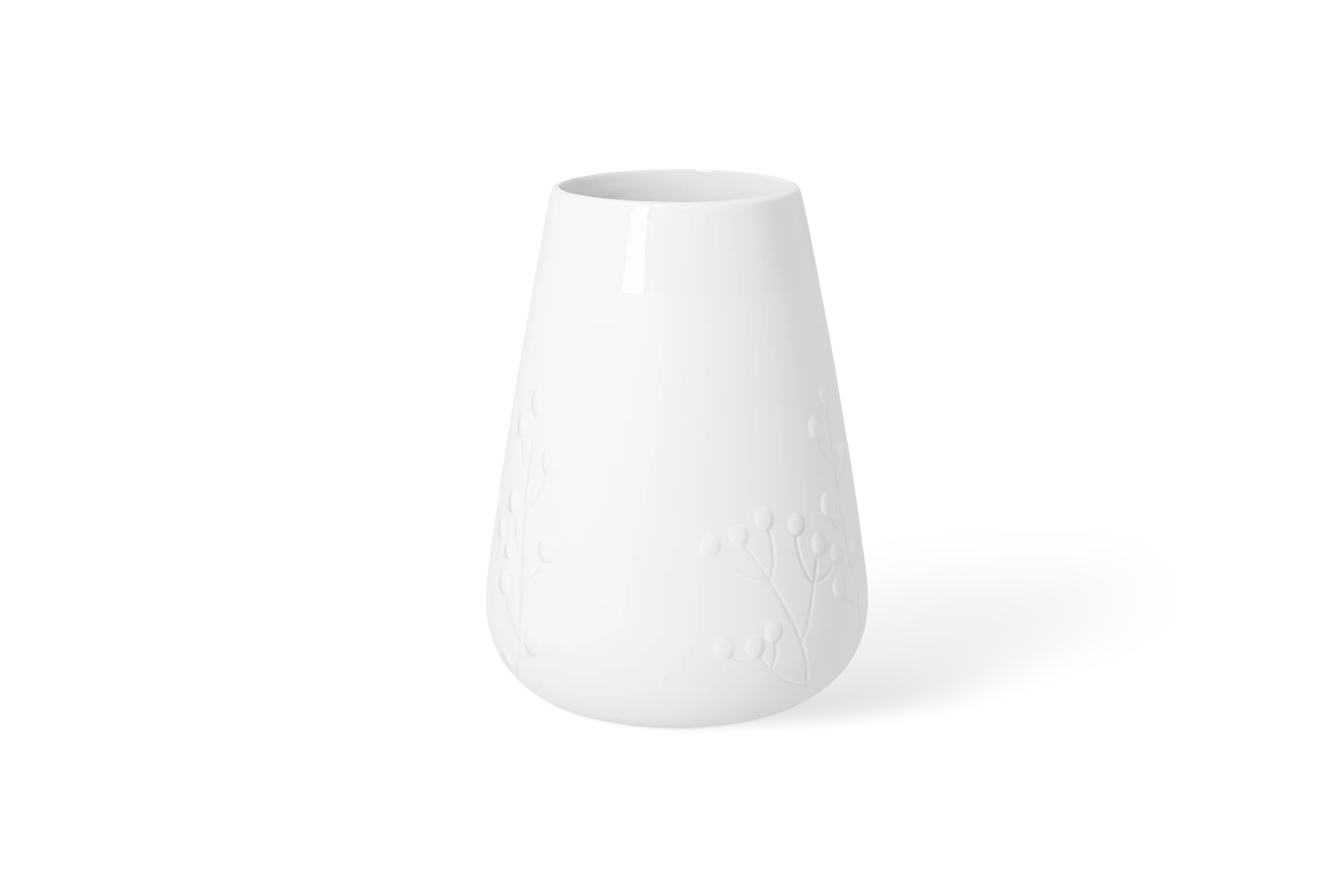 Weiße Vase Blütezeit mit erhabenem Zweigmotiv und runder Öffnung in der Linksansicht.