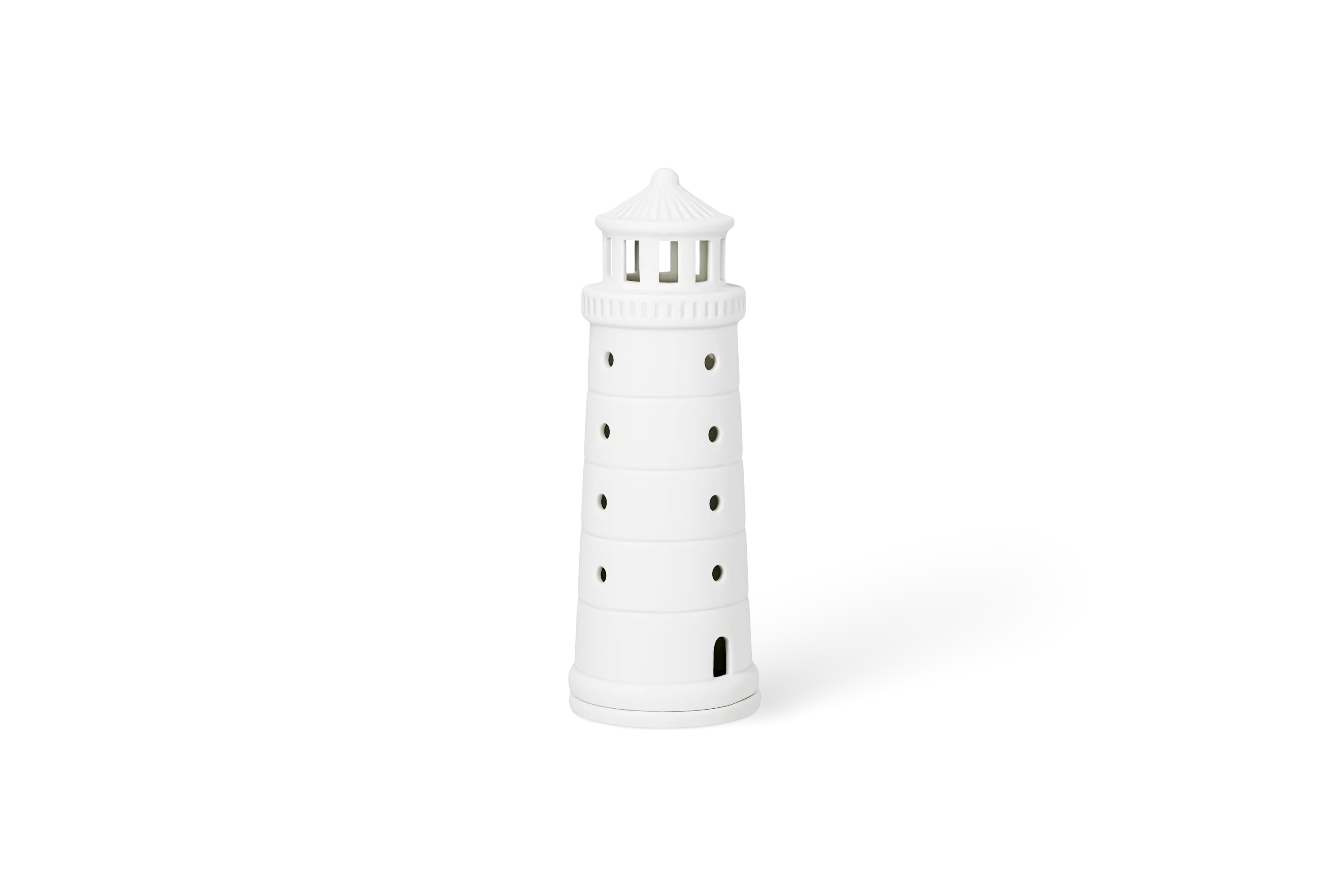 Leuchtturm Meeresrauschen Klein Weißes Lichthaus Meeresrauschen in Form eines Leuchtturms mit Fenstern und geriffelter Galerie, vordere Linksansicht.