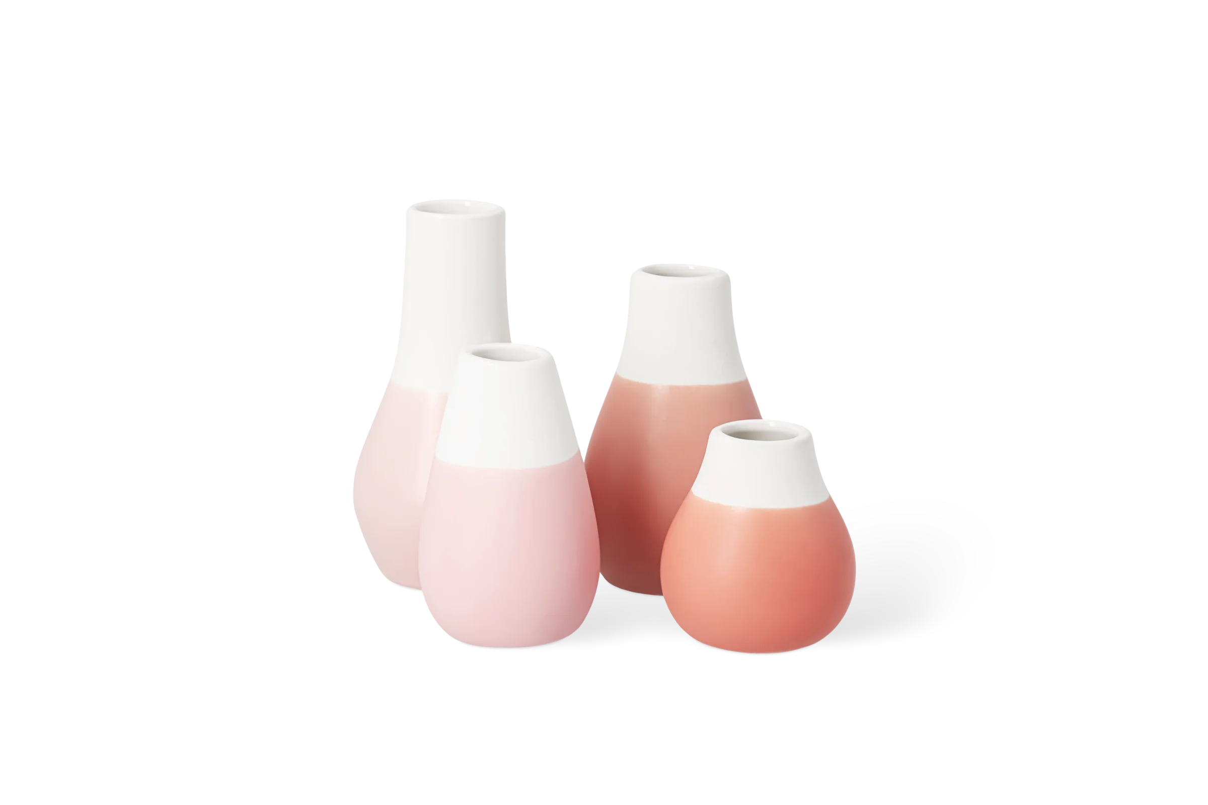 Minivasen Pastell Pudertöne - 4er Set Vier Minivasen der Serie Blütezeit in Rosa- und Koralltönen mit weißem oberen Bereich, in der Vorderansicht Nummer 2.