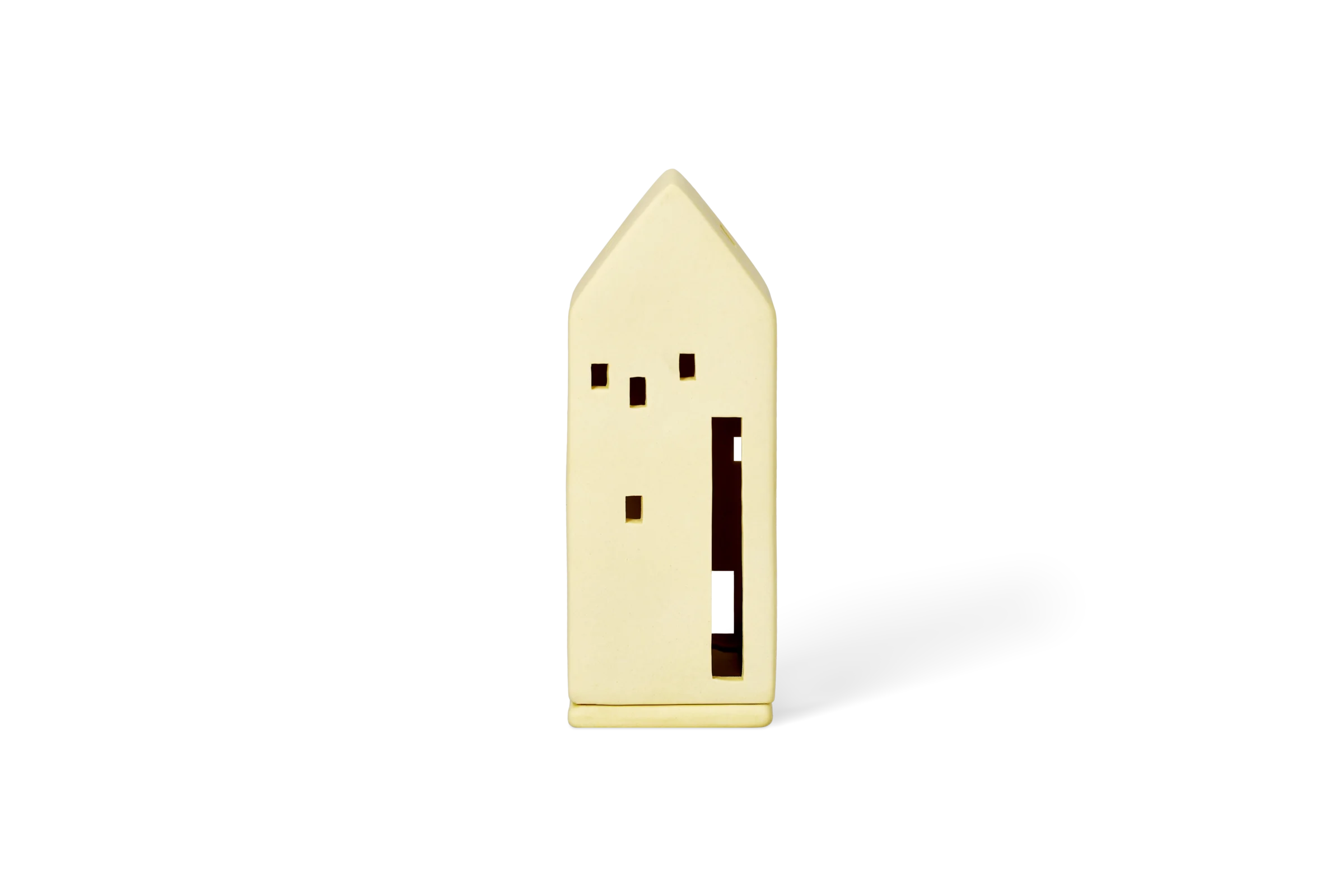 Gelbes Lichthaus der Serie Softtone mit ausgestanzten Fenstern und Tür in der Vorderansicht.
