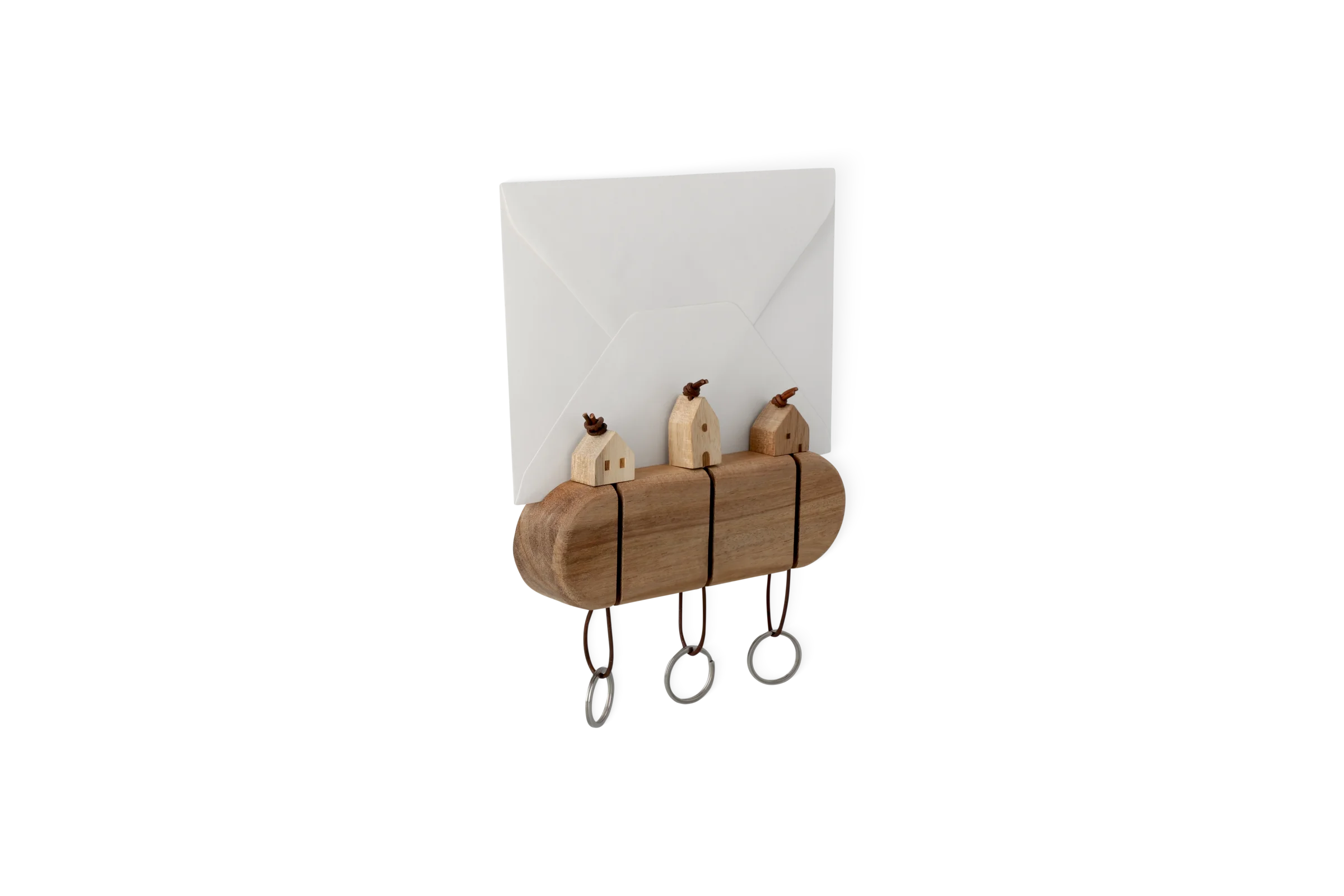 Schlüsselordnung Schlüsselordnung aus Holz mit drei kleinen Häusern, Briefhalter und drei Schlüsselringen, in der vorderen Linksansicht.