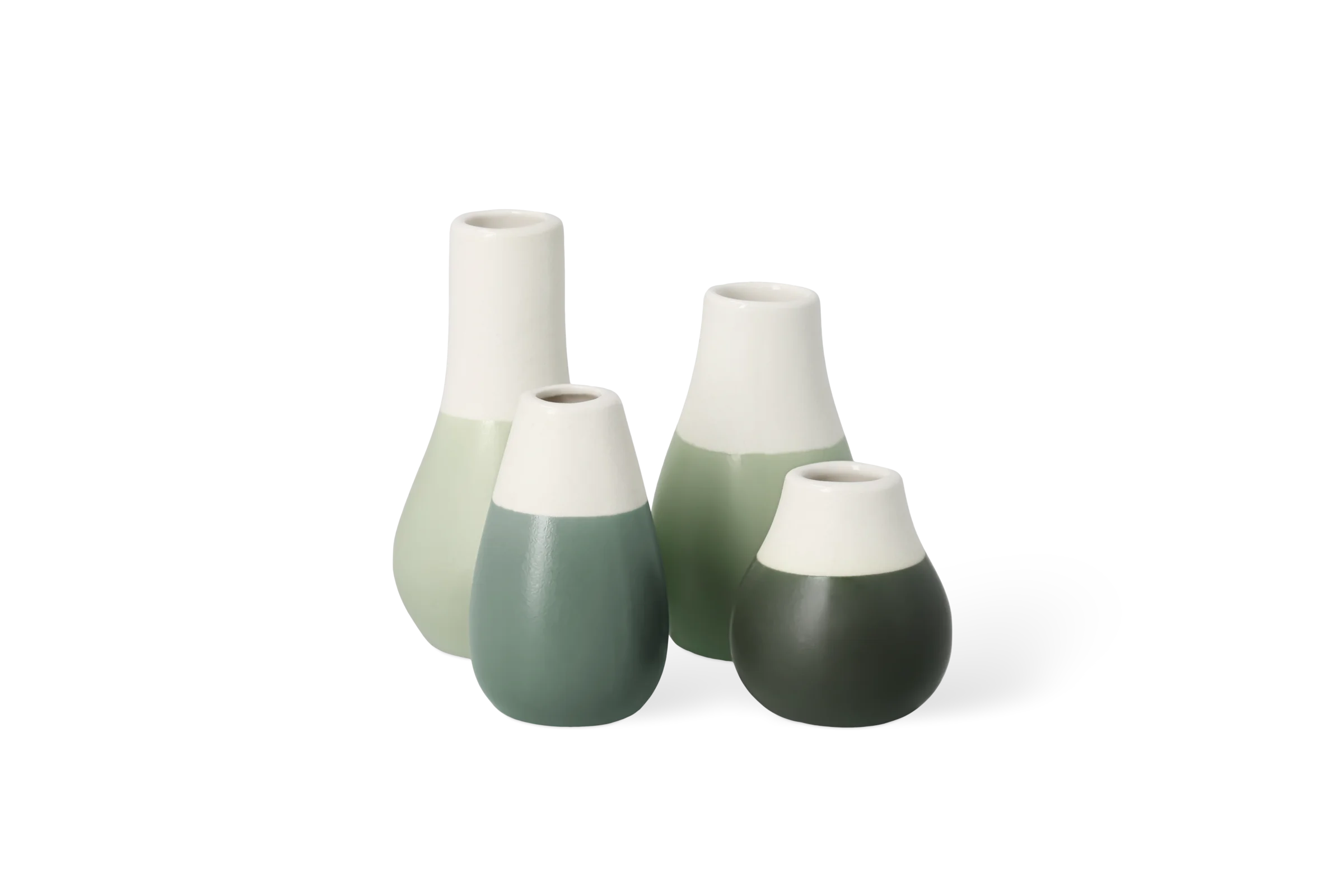 Minivasen Pastell Grün - 4er Set Vier Minivasen der Serie Blütezeit in Grün und Weiß mit unterschiedlich geformten Öffnungen, in der Vorderansicht Nummer 2.