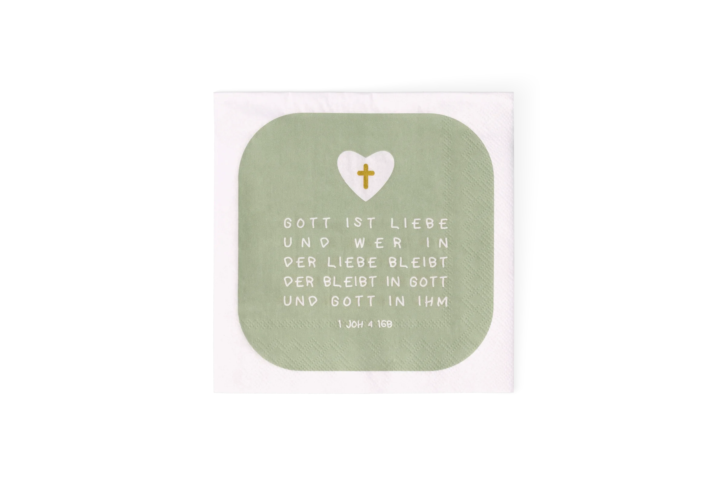 Weiße Lunchserviette mit salbeigrünem Feld, Herz mit goldenem Kreuz und Bibelvers, Gott ist Liebe, in der Vorderansicht.