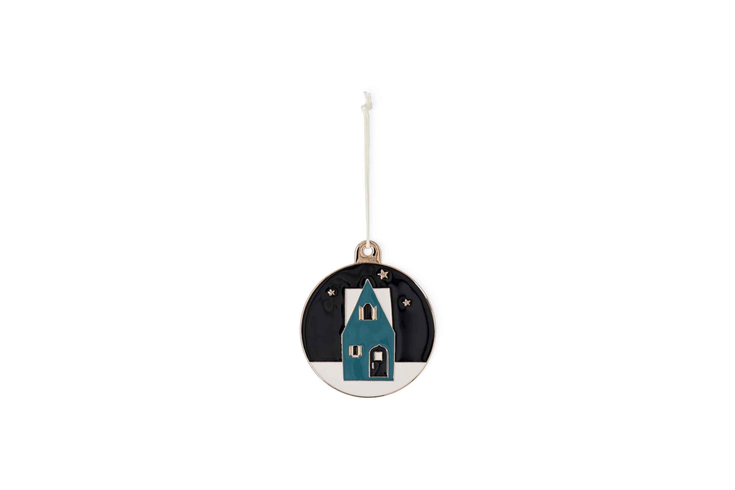 Ornament Winter Sterne Runder Anhänger mit blauem Haus, Sternen und weißer Schneelandschaft in der Vorderansicht.