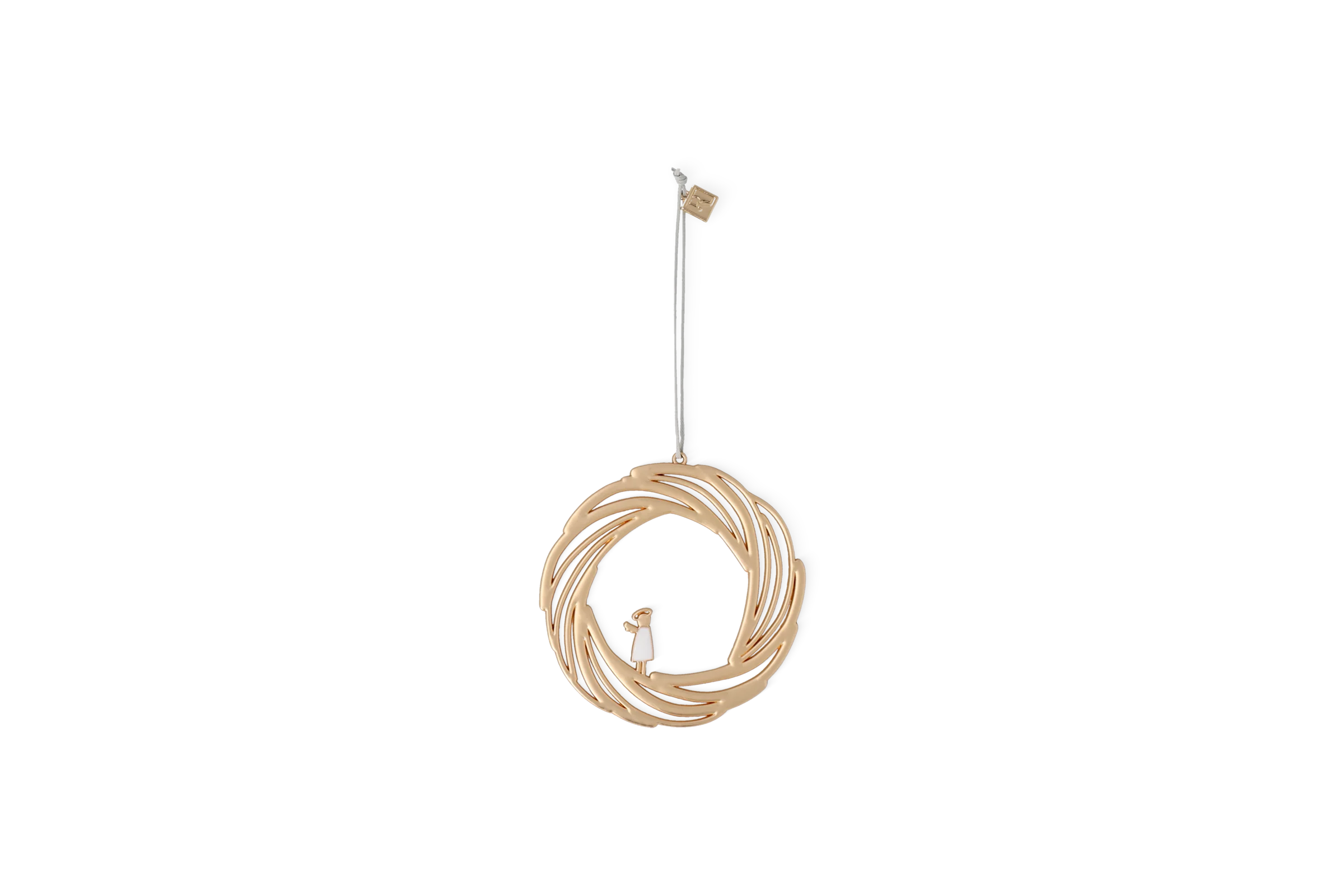 Festtagsornamente Himmlische Weihnachten Goldfarbener Weihnachtsanhänger mit verschlungenem Kranz und kleiner weißer Engel-Figur, in der Vorderansicht Nummer 2.