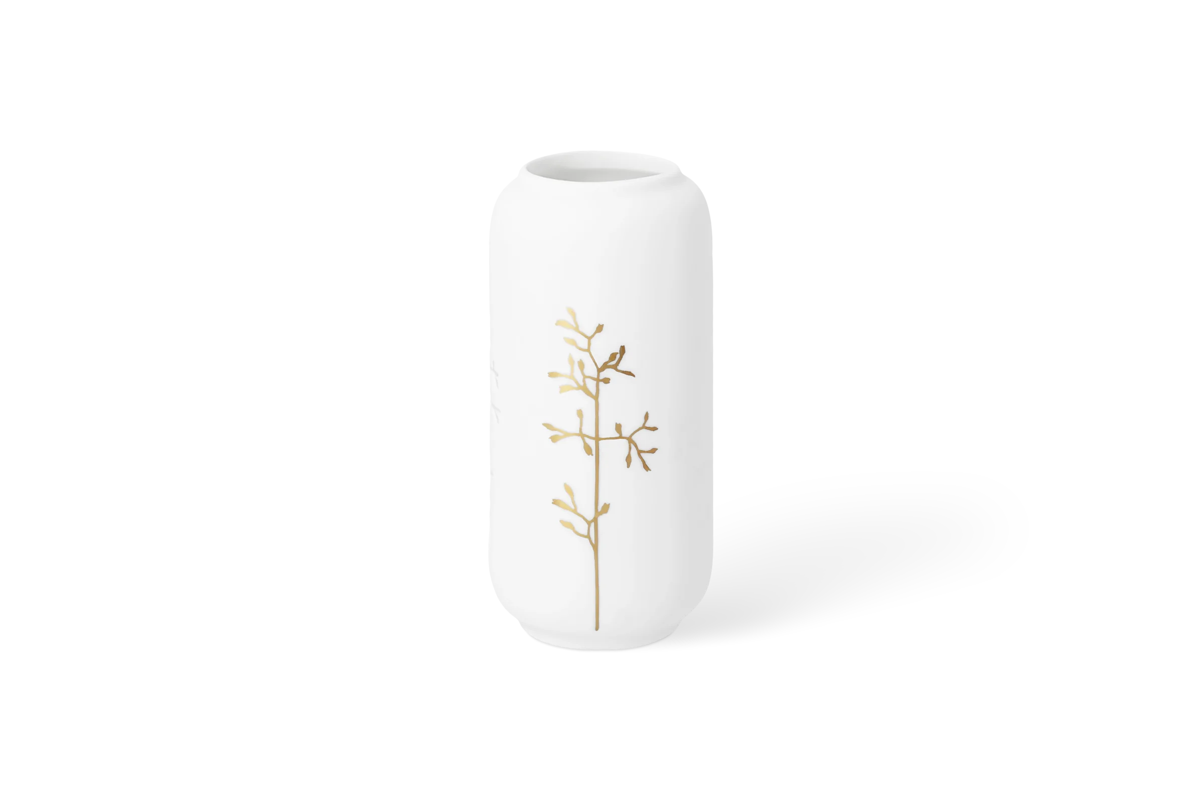 Vase Goldzweig Klein Weiße Vase Blattwerk mit goldenem Pflanzenmotiv in der Vorderansicht.