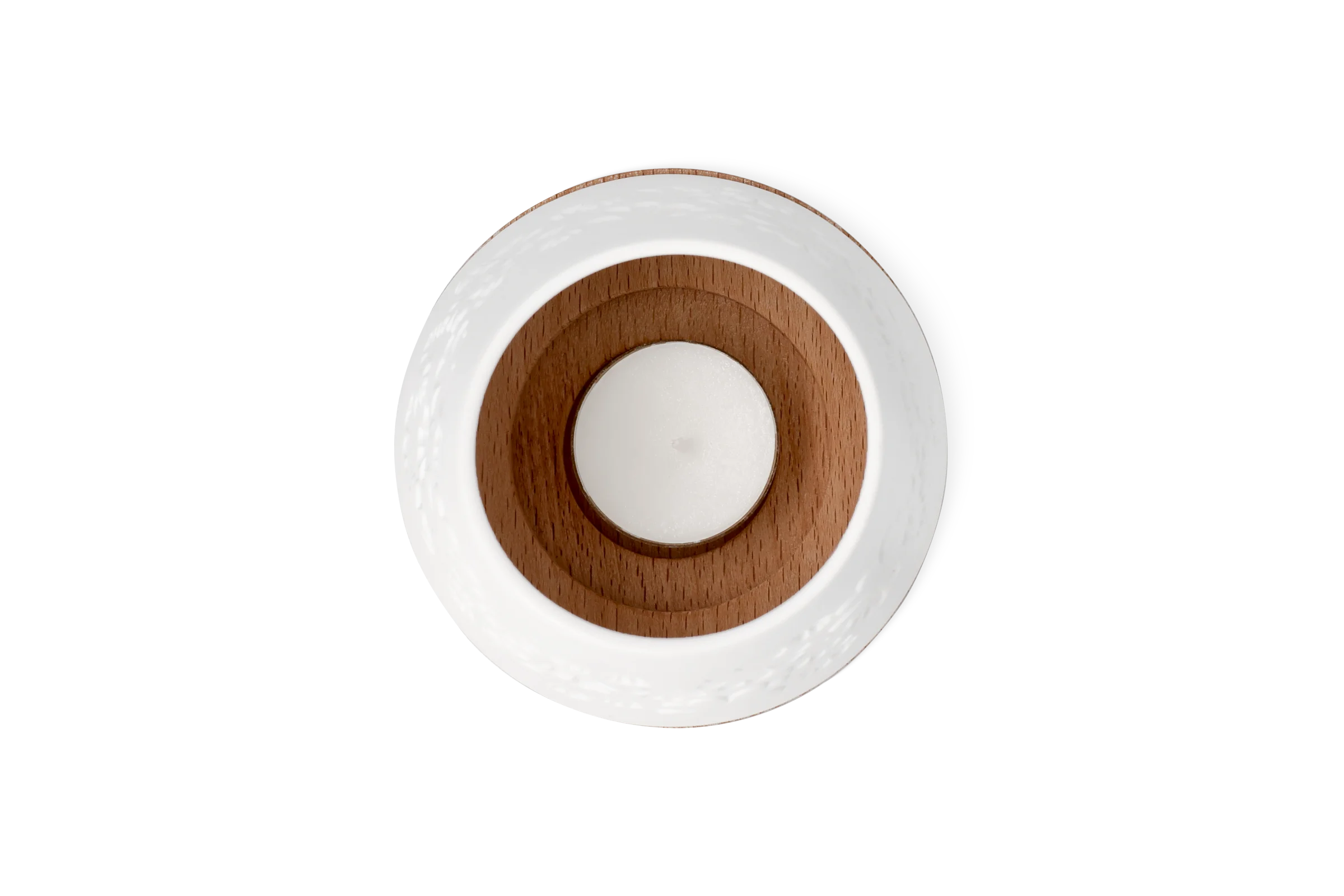 Teelichthalter Blütezeit aus Holz und weißem Porzellan mit floralem Tiefrelief und Teelicht in der Draufsicht.