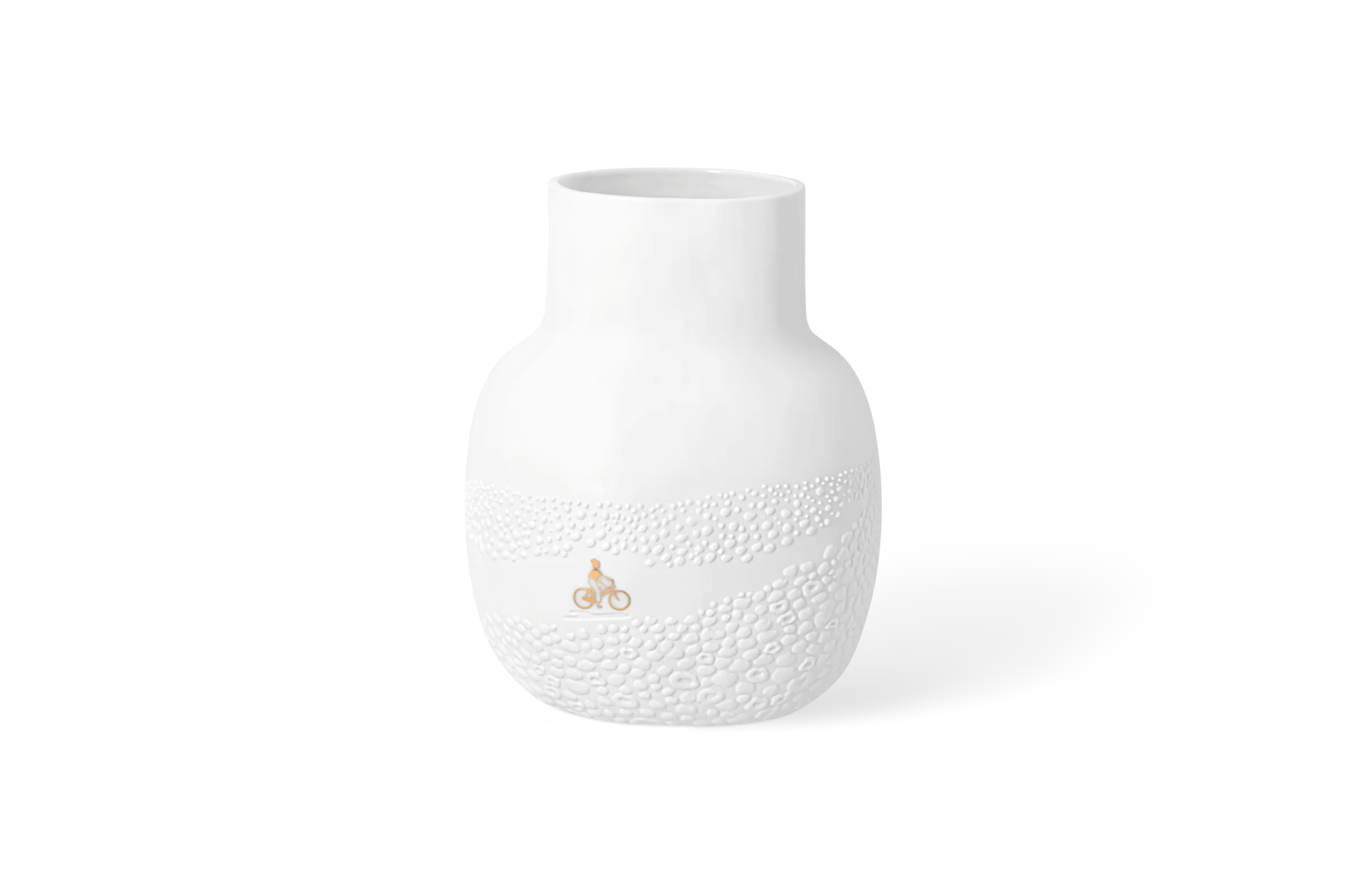 Weiße Vase mit erhabenem Punktrelief und goldenem Fahrradmotiv in der Vorderansicht.