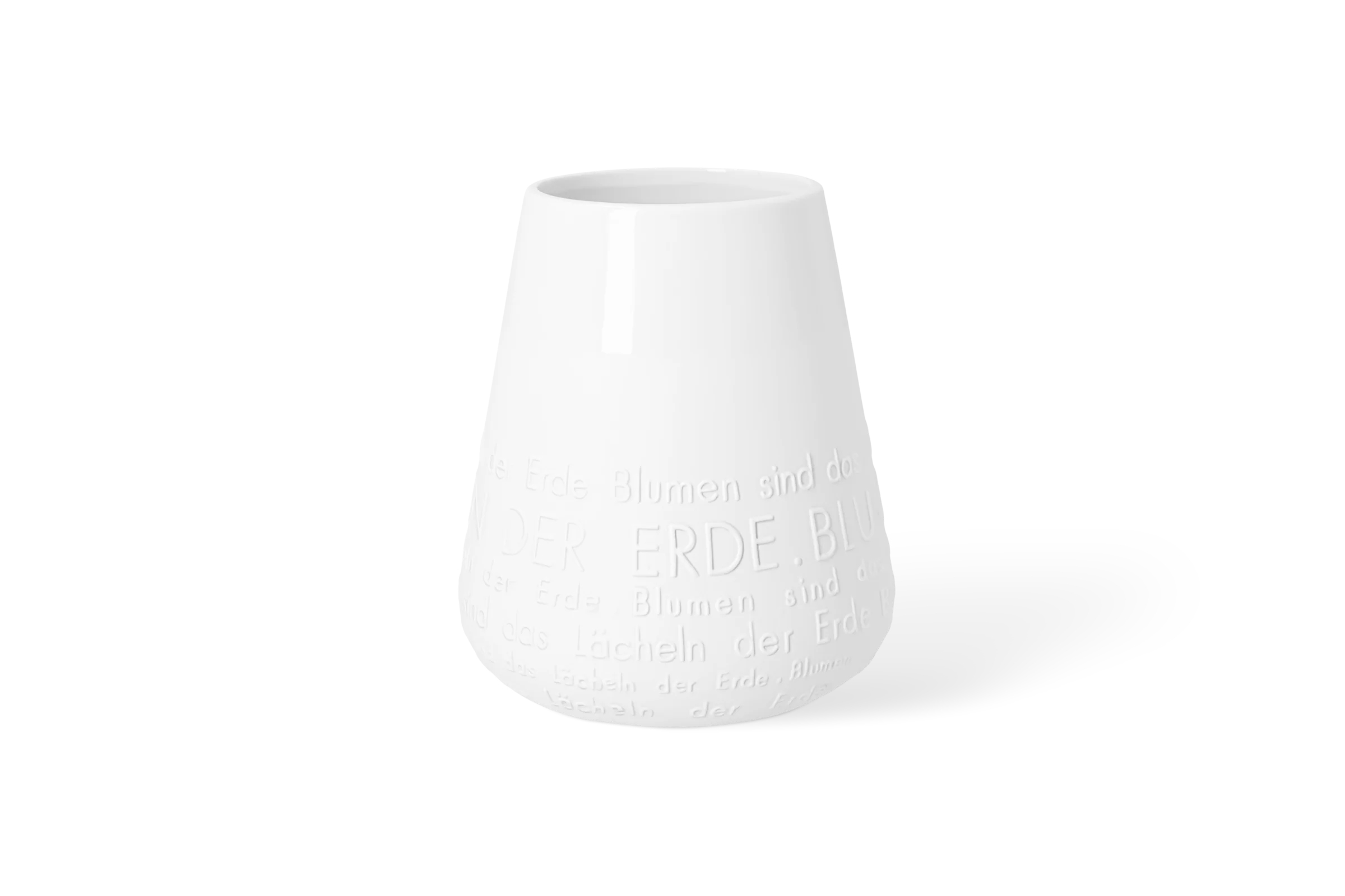 Weiße Porzellanvase Blütezeit mit erhabenem Schriftzug Blumen sind das Lächeln der Erde in der Rückansicht.