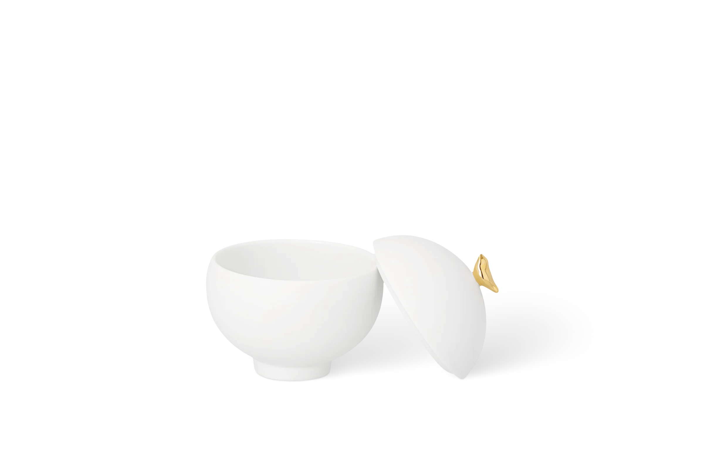 Dose Goldvogel Weiße Porzellandose auf Fuß mit abgenommenem Deckel und goldfarbenem Griff in der Vorderansicht Nummer 2.