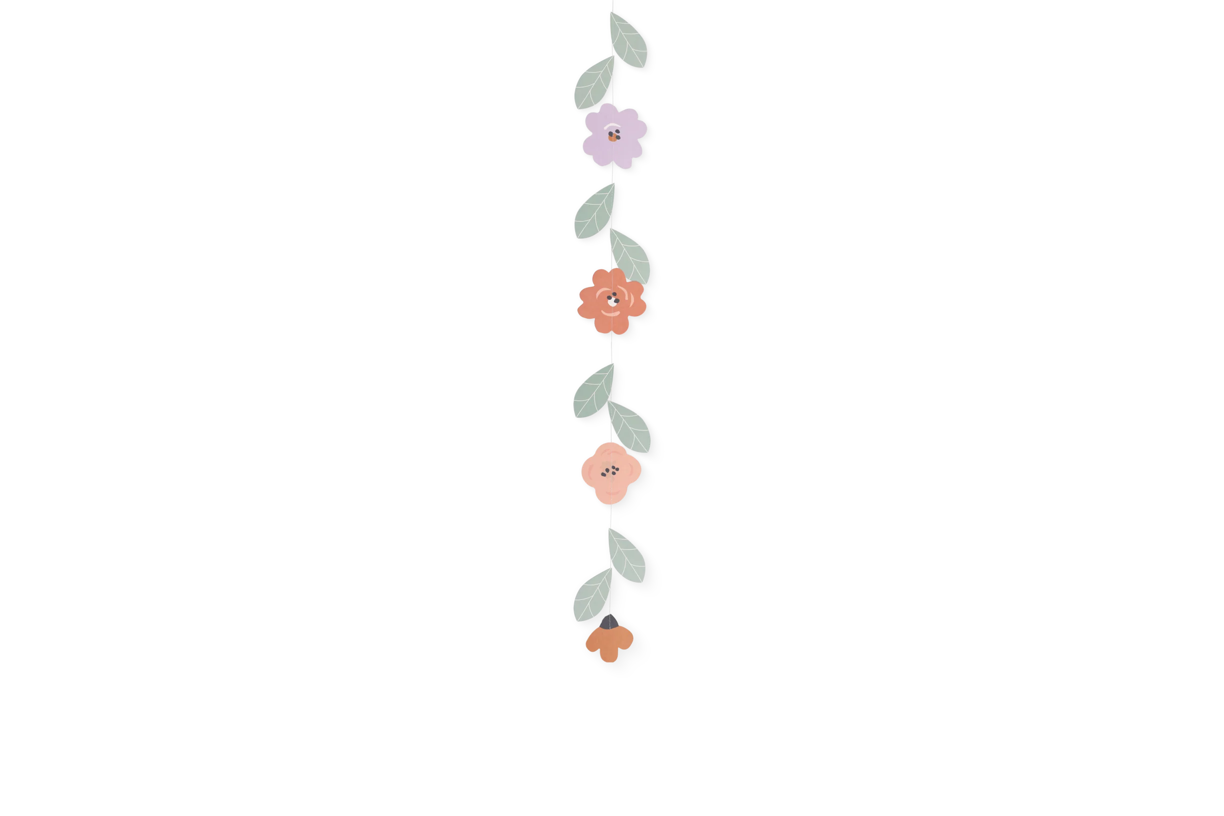 Kette Blumenranke mit pastellfarbenen Blüten und grünen Blättern in der Rückansicht.