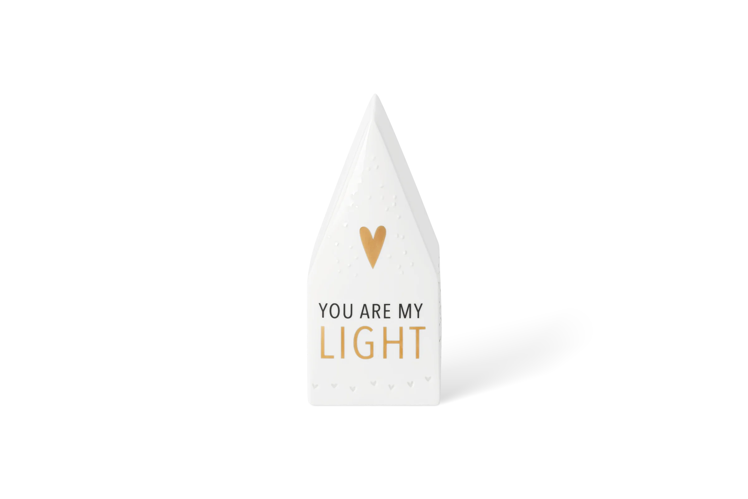 LED Häuschen You are my light Weißes LED Häuschen mit goldfarbenem Herz, eingeprägten Punkten und Schriftzug You are my light in der Vorderansicht.