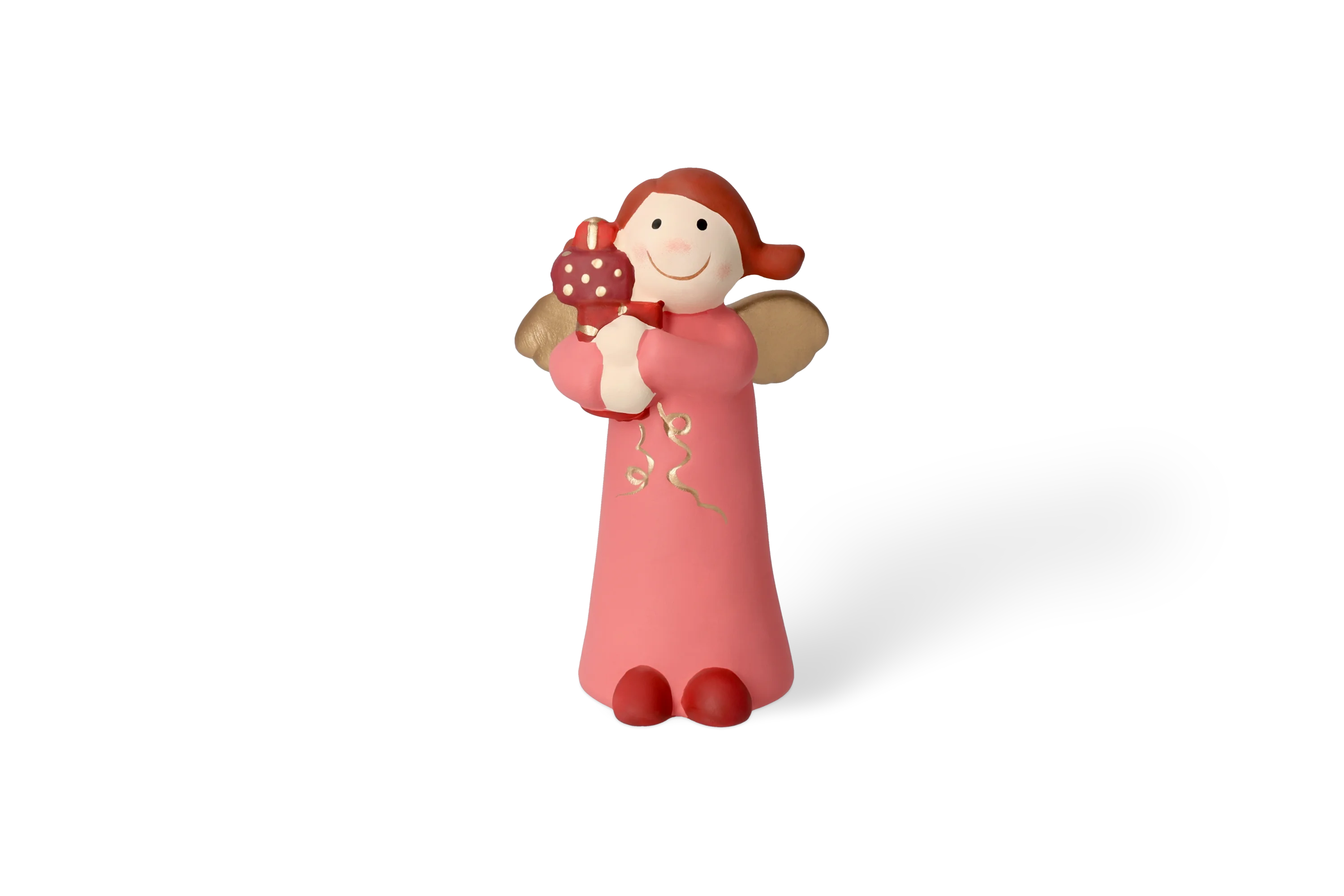 Dekofigur Himmlische Schwester mit goldenen Fluegeln im rosa Kleid haelt rotgoldene Geschenke