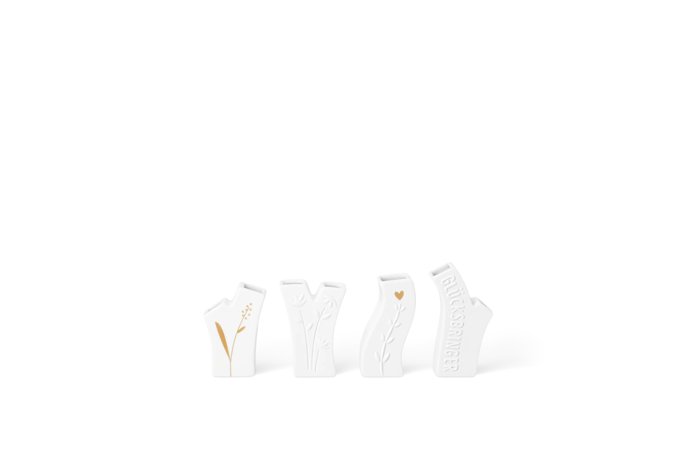 Minivasen Blumen Glücksbringer - 4er Set Vier weiße Minivasen der Serie Blütezeit, drei mit Doppelöffnung, mit goldfarbenen und hochgeprägten Blütenmotiven sowie Schriftzug Glücksbringer in der Vorderansicht.
