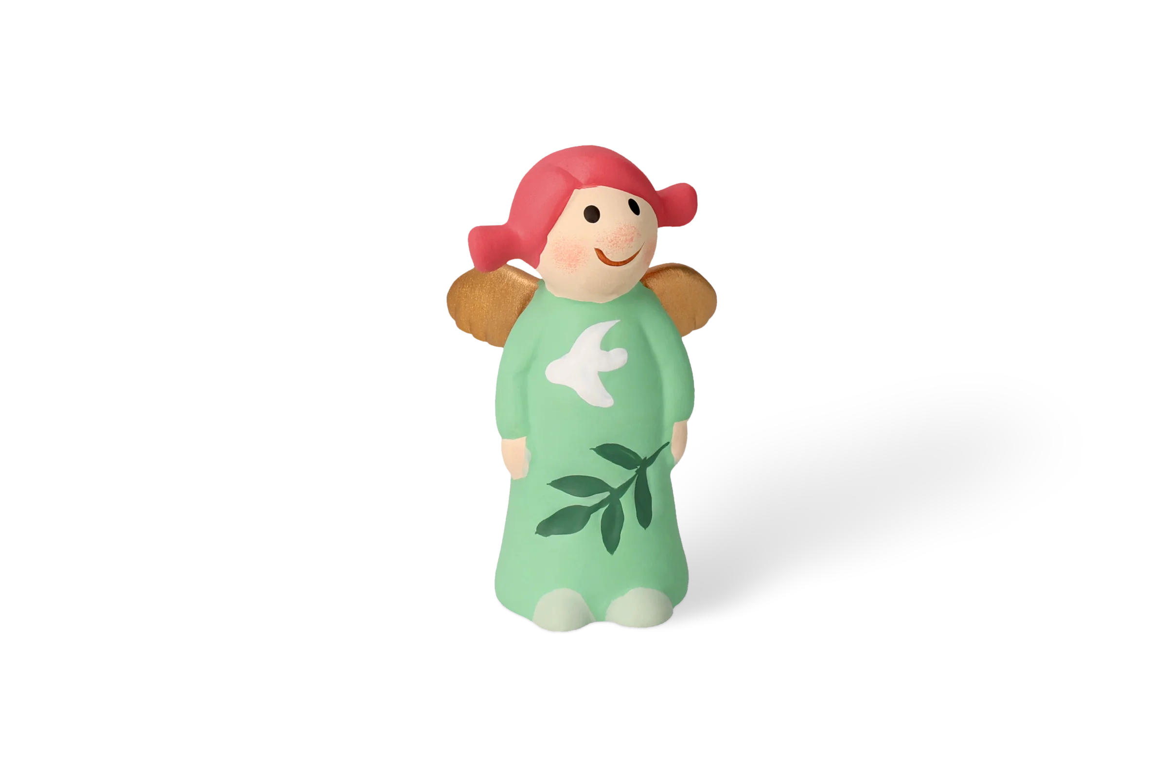 Engel Aurelia Klein - Edition 9 Dekofigur Himmlische Schwester mit goldenen Flügeln, die lächelt und ein grünes Kleid mit Taubenmotiv trägt, in der Vorderansicht.