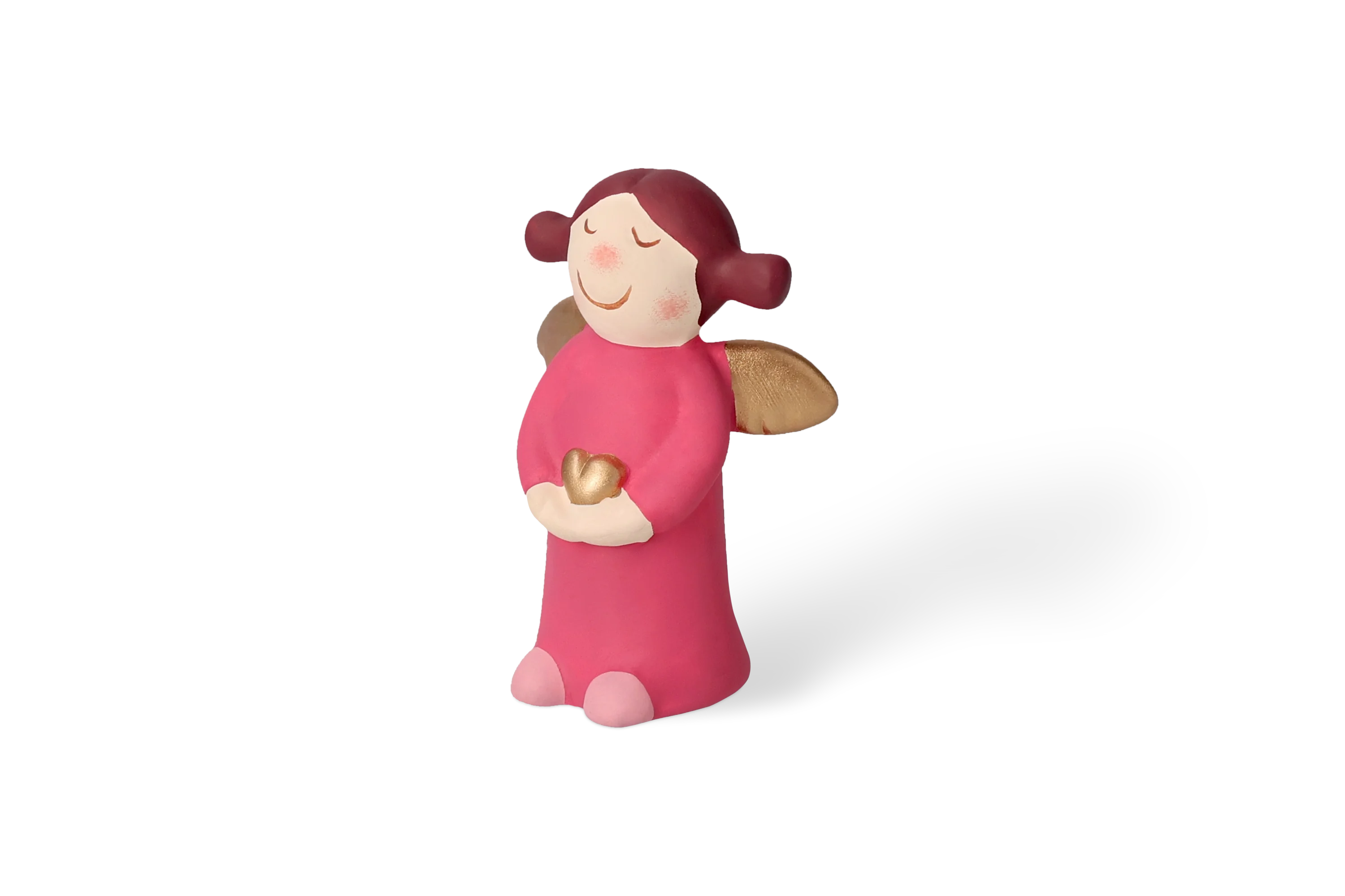 Vordere Rechtsansicht Dekofigur Himmlische Schwester mit goldenen Fluegeln im pinken Kleid haelt kleines goldenes Herz