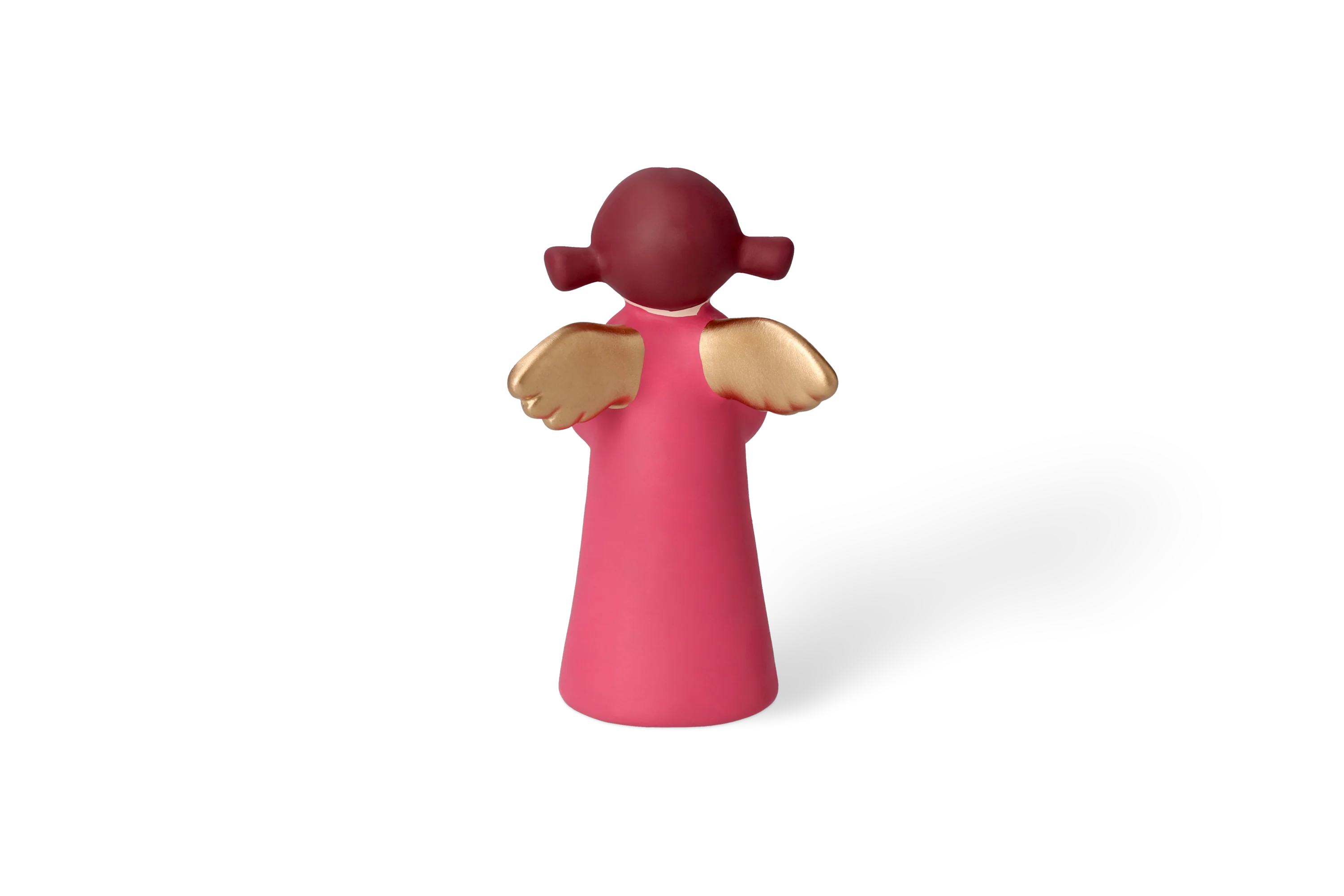 Rueckansicht Dekofigur Himmlische Schwester mit goldenen Fluegeln im pinken Kleid haelt goldenes Herz