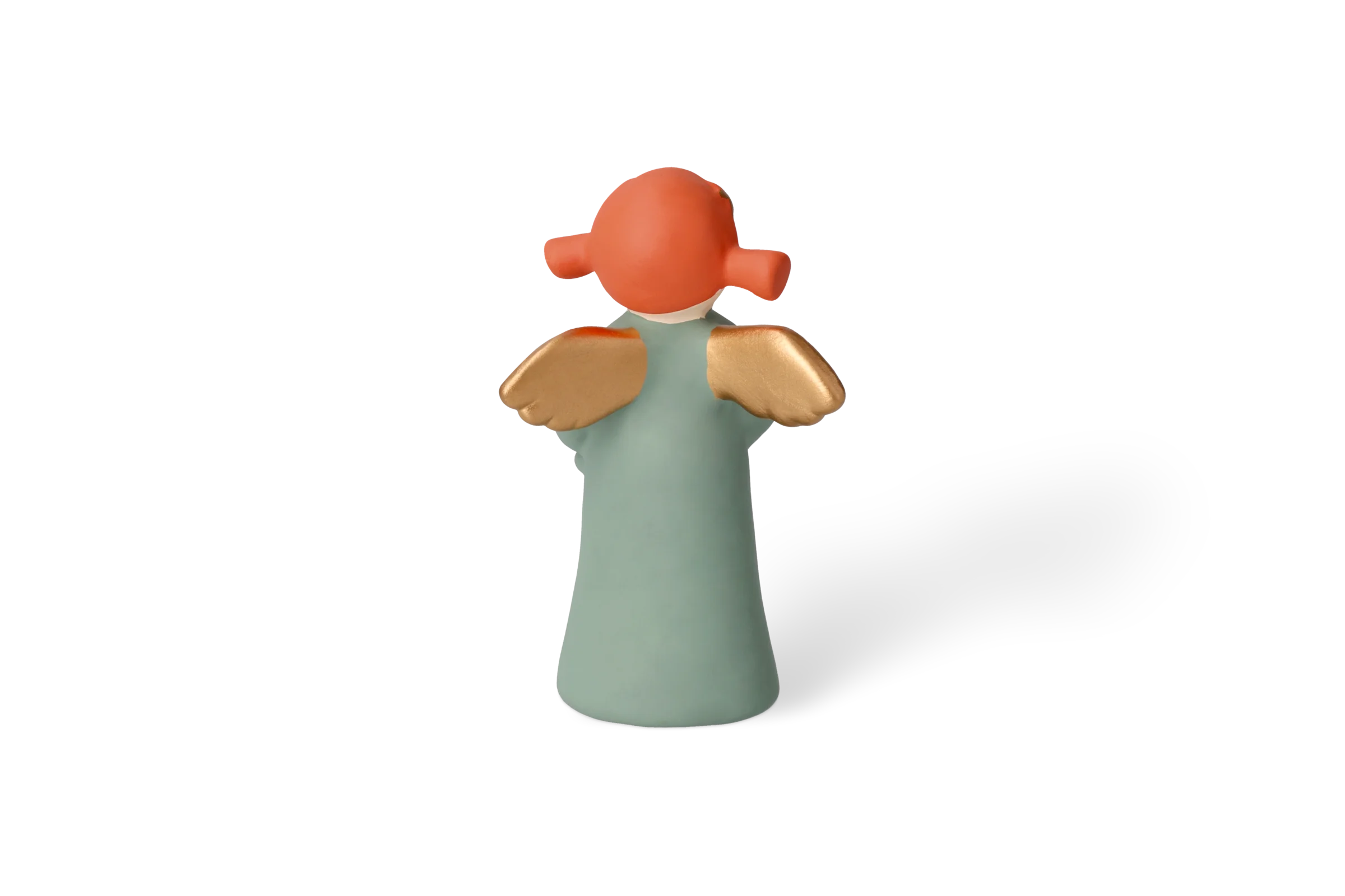 Engel Sternchen Mittel - Edition 9 Dekofigur Himmlische Schwester mit goldenen Flügeln, die ein grünes Kleid trägt und einen goldenen Stern hält, in der Rückansicht.