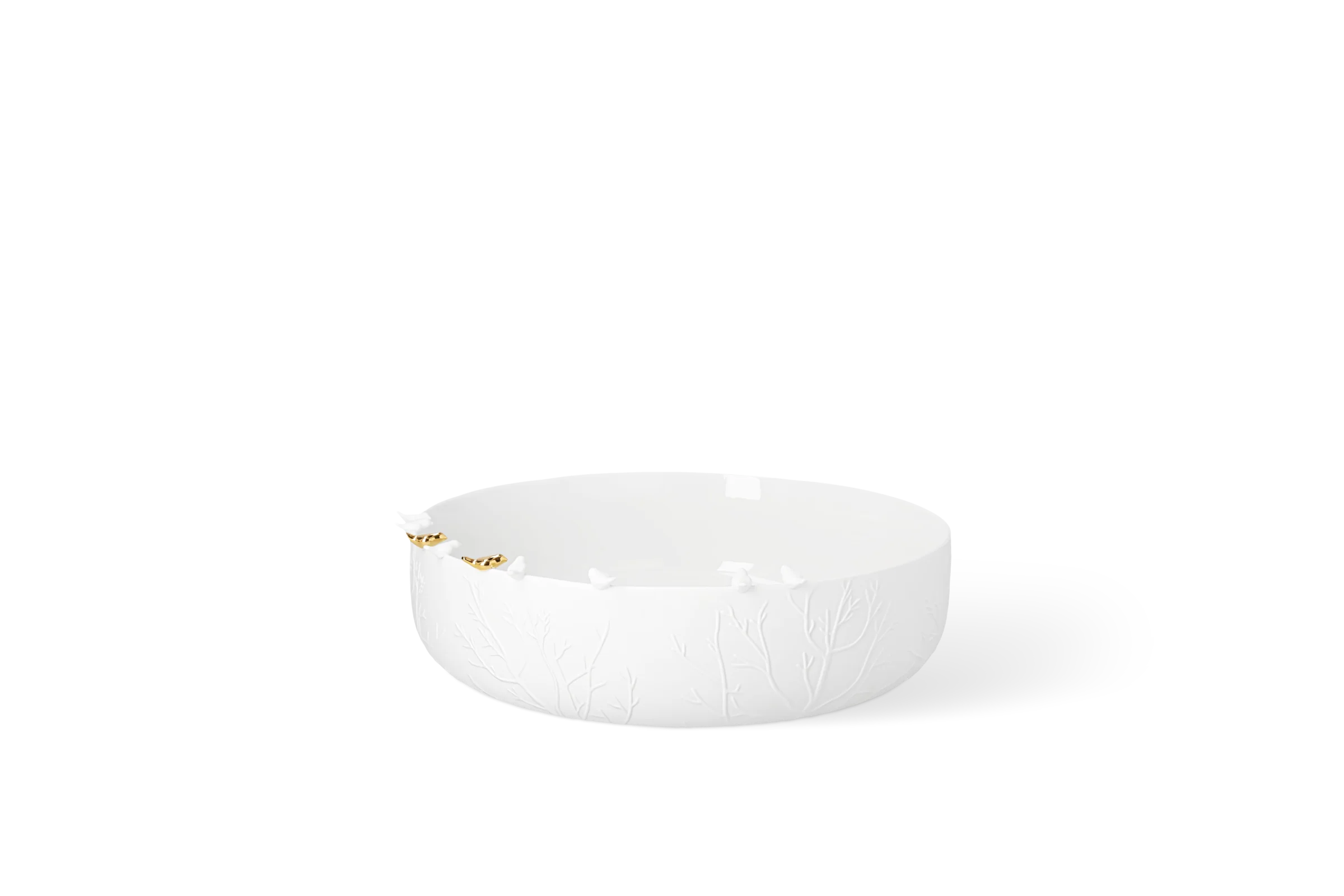 Schale Goldvogelschwarm Groß Weiße Porzellanschale mit erhabenem Astrelief, kleinen Vögeln und goldfarbenem Randdetail in der Rückansicht.
