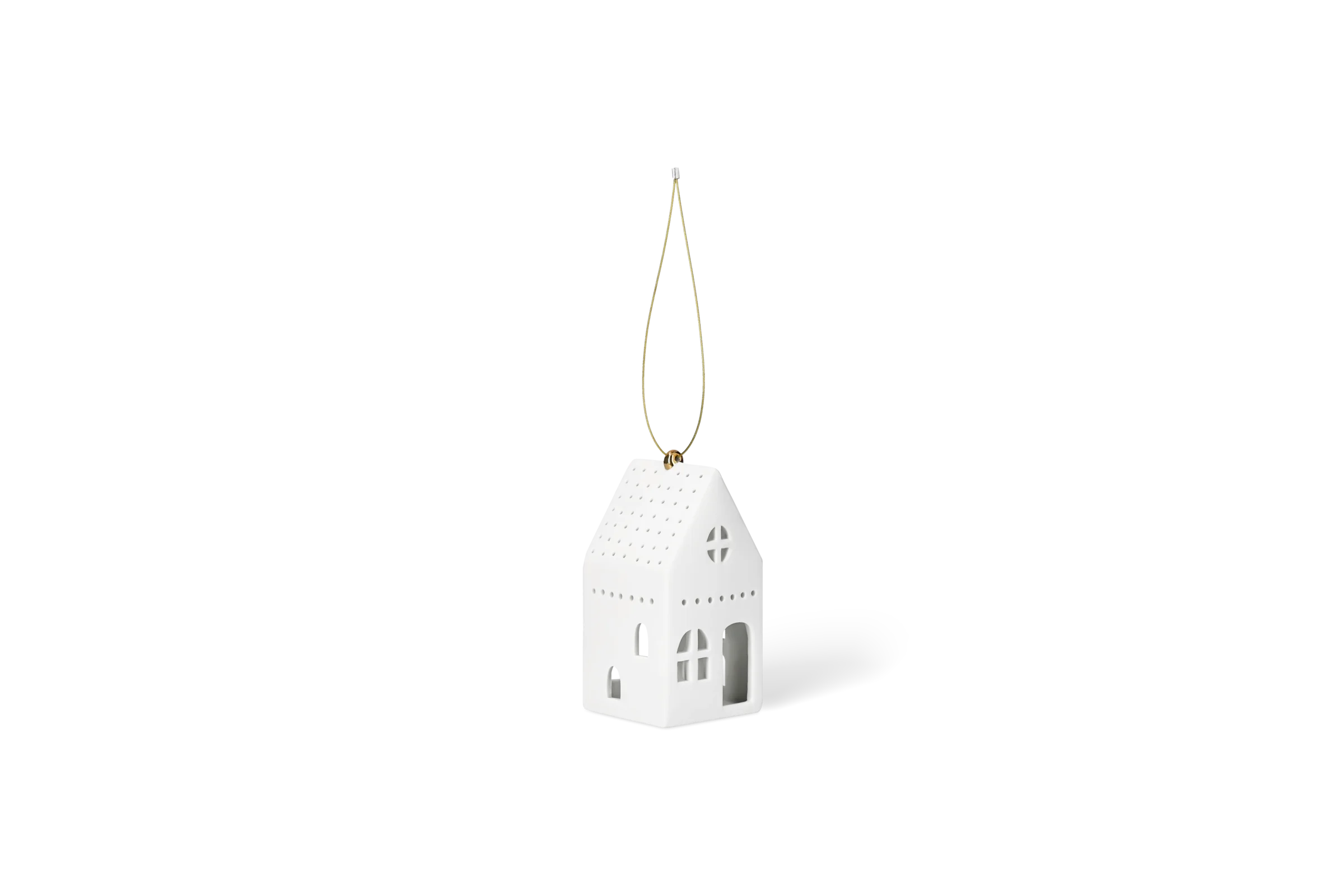 Lichthaus Hängend Eckig Klein Weißes Lichthaus zum Aufhängen mit ausgestanzten Fenstern und goldfarbener Kordel in der vorderen Linksansicht.