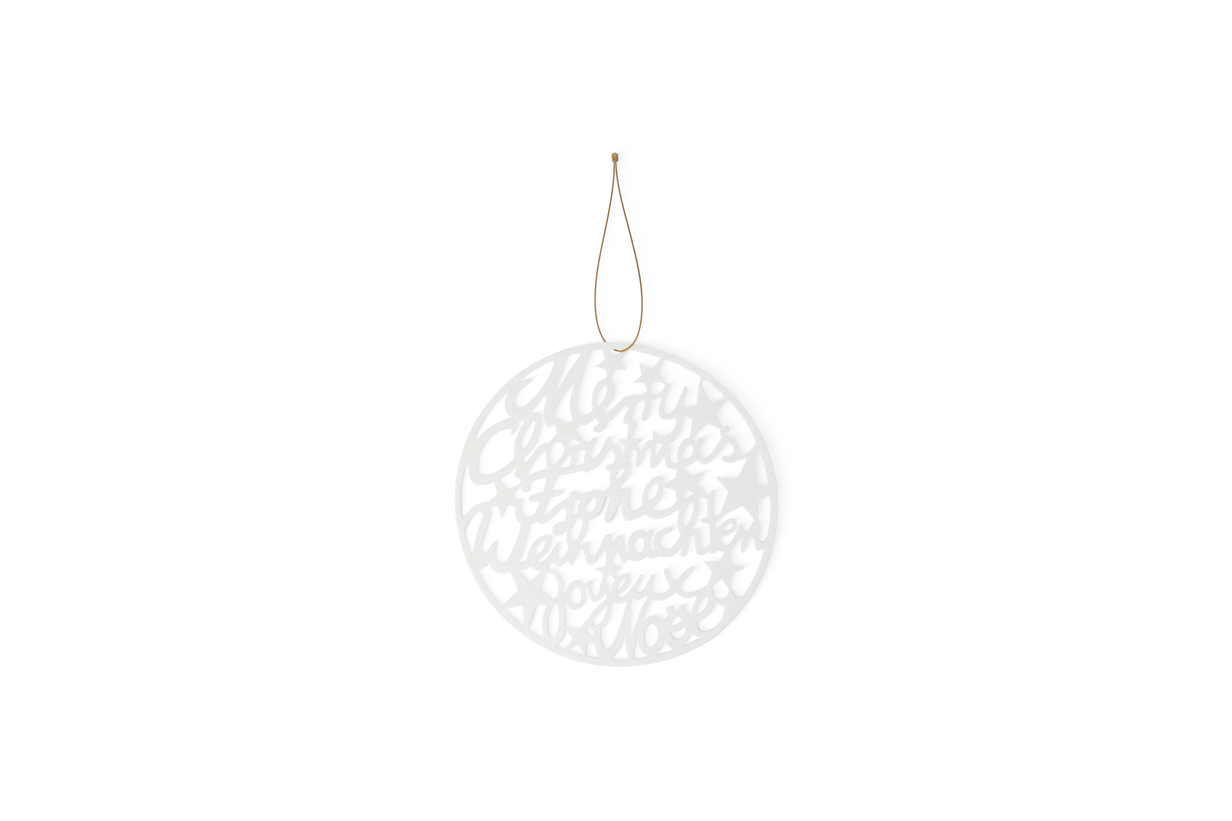 Hänger Frohe Weihnachten Runder weißer Anhänger mit dem Schriftzug Frohe Weihnachten, Sternen und goldfarbener Kordel in der Vorderansicht.