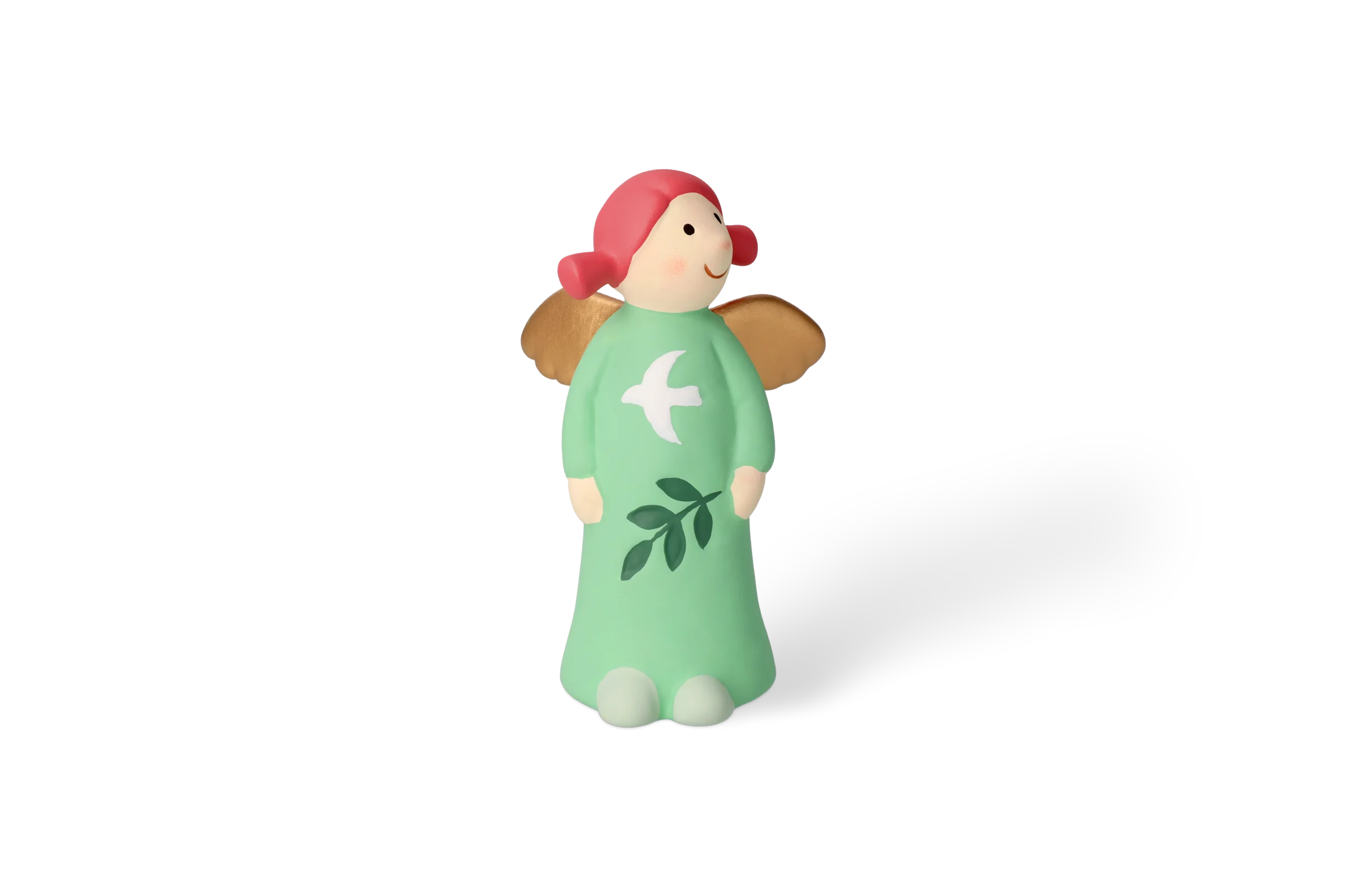 Engel Aurelia Mittel - Edition 9 Dekofigur Himmlische Schwester mit goldenen Flügeln, die ein grünes Kleid und weiße Schuhe trägt, in der Vorderansicht.