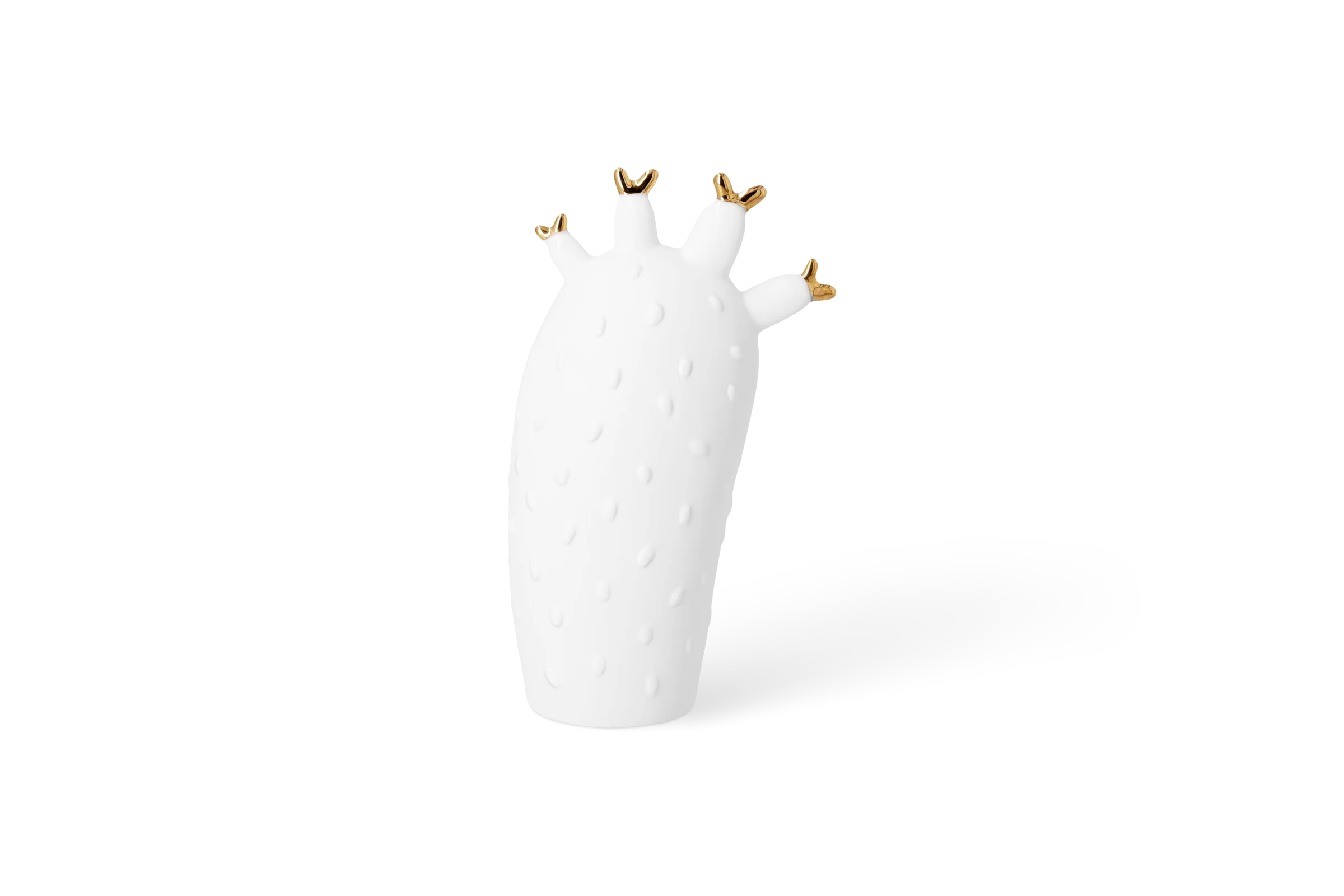 Weiße Vase Blütezeit mit erhabenen Punkten und goldfarbenen Blütenknospen am Rand in der Rückansicht.