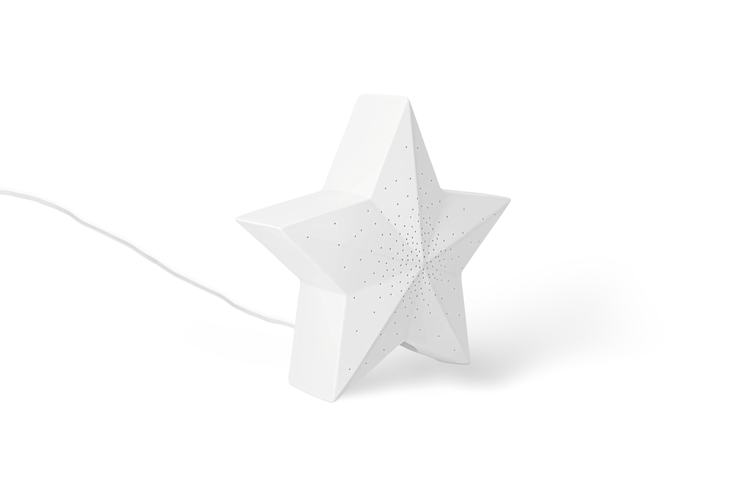 Leuchte Sterne Weiße Sternleuchte mit zahlreichen Lichtpunkten und weißem Kabel in der vorderen Linksansicht.