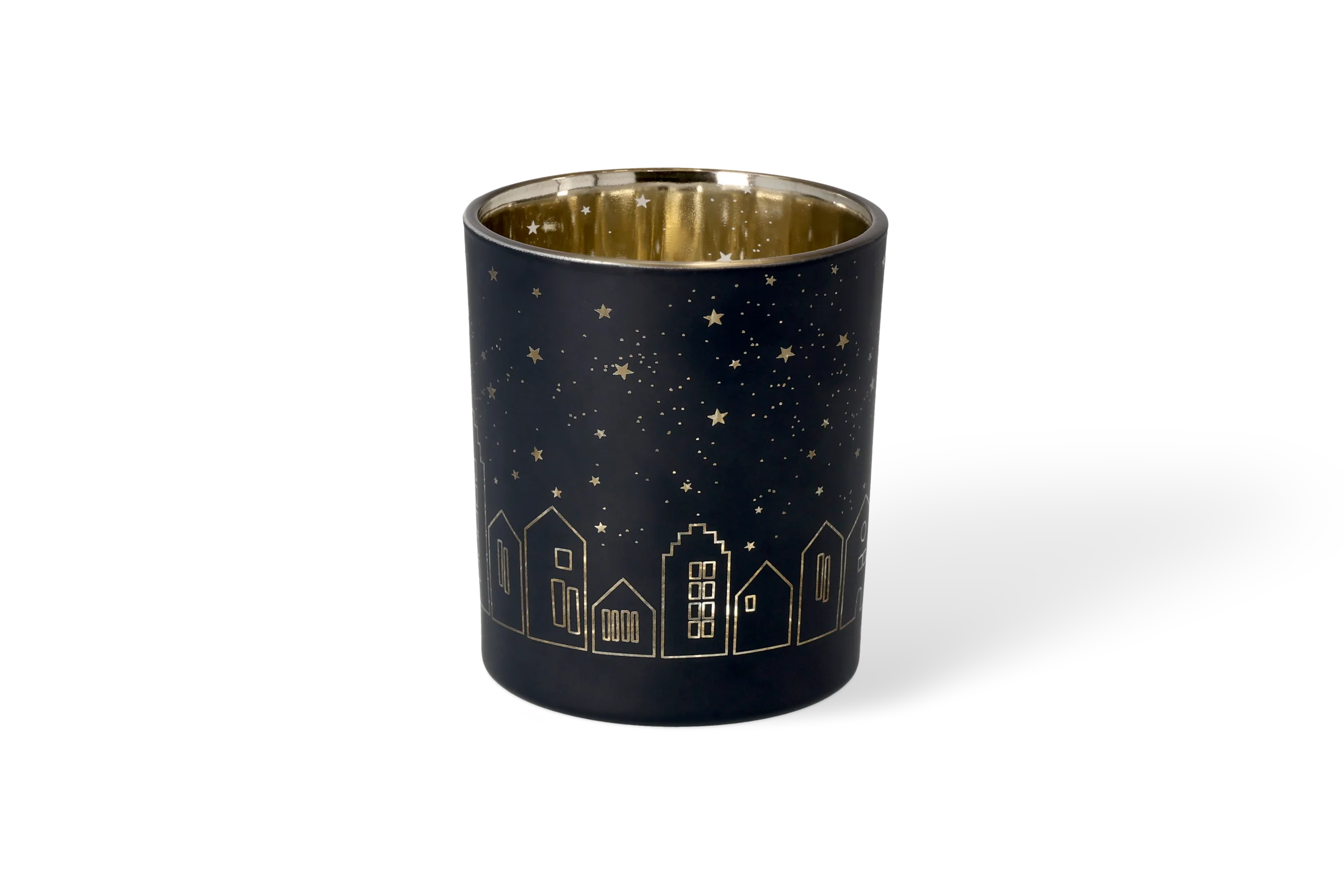 Teelichthalter Lichtstadt - Glanz Dunkelblauer Teelichthalter Stadtlichter mit goldfarbenem Sternenhimmel und Häusern, in der Rückansicht.