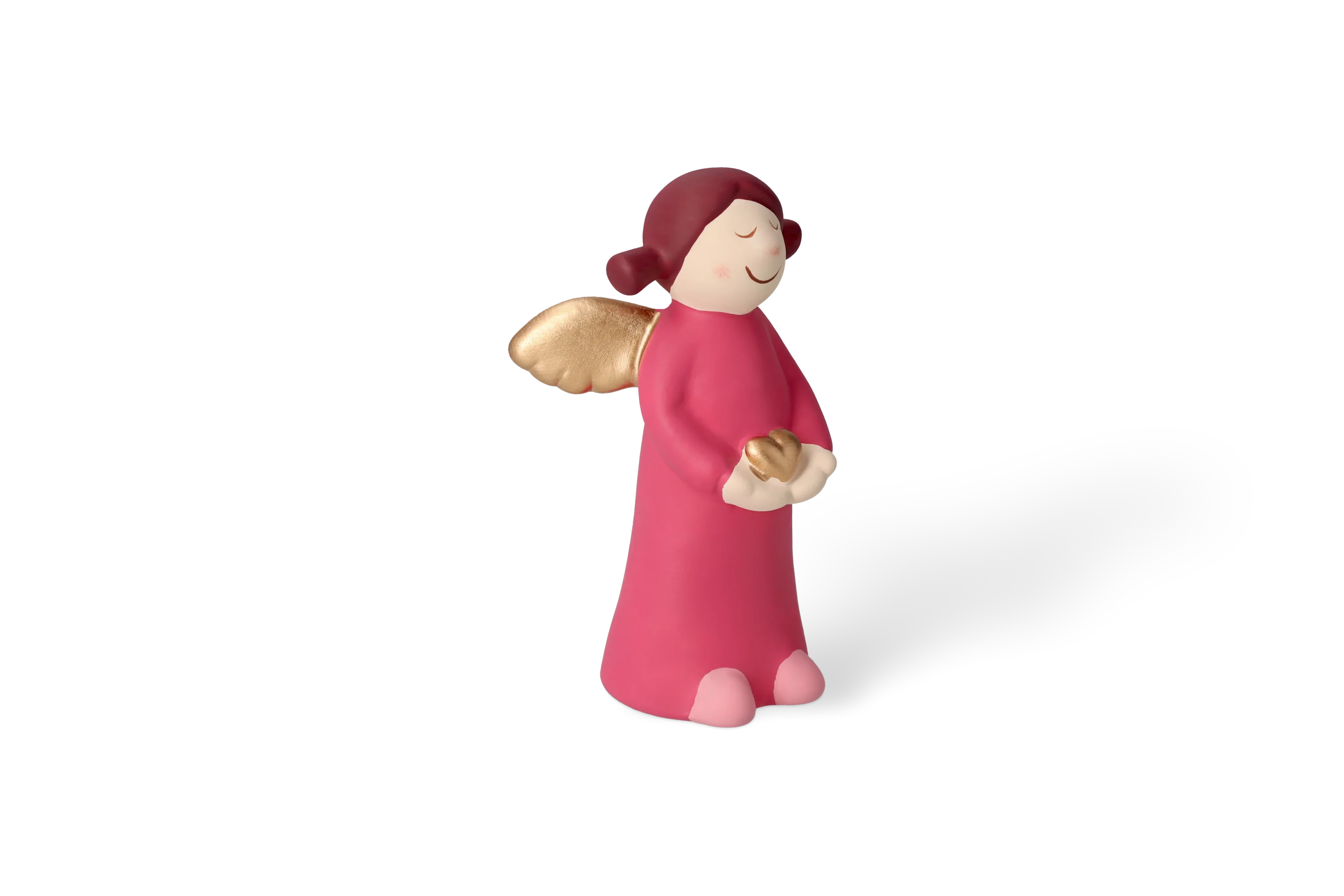 Vordere Linksansicht Dekofigur Himmlische Schwester mit goldenen Fluegeln im pinken Kleid haelt goldenes Herz