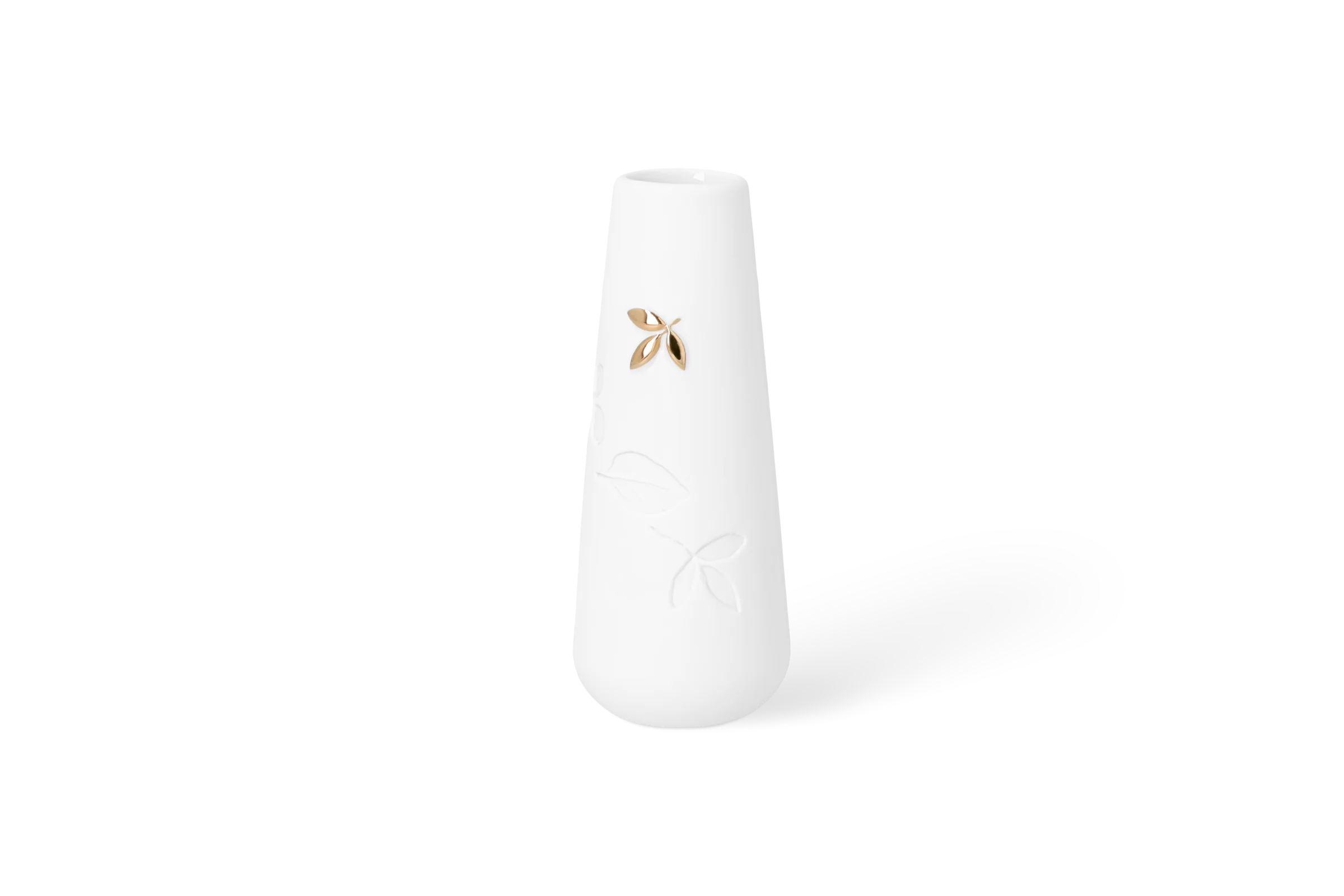 Minivase Blatt Klein Weiße Mini-Vase Blattwerk mit eingeprägten Blättern und goldfarbenem Blütenmotiv in der Vorderansicht.