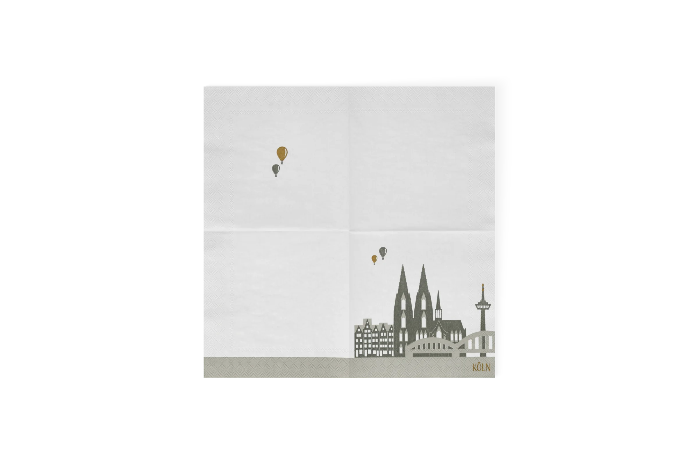 Ausgebreitete weiße Cocktailserviette mit grauer Kölner Skyline, goldenen und grauen Heißluftballons sowie Schriftzug, KÖLN, in der Vorderansicht Nummer 2.