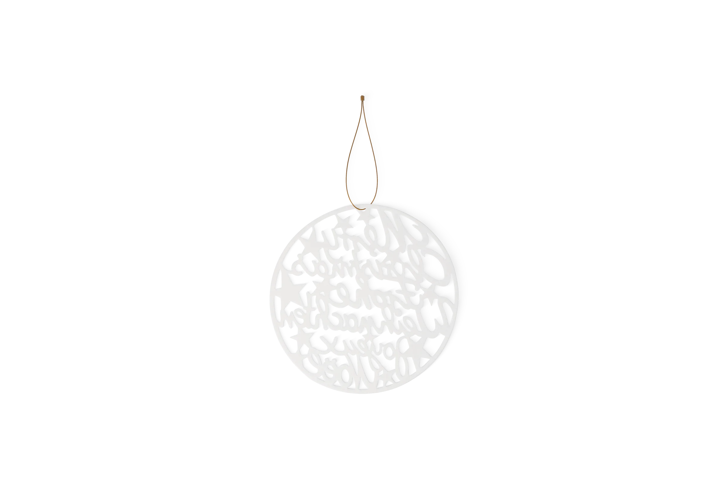 Hänger Frohe Weihnachten Weißer runder Anhänger mit durchbrochenem Schriftzug Frohe Weihnachten und goldfarbener Kordel in der Rückansicht.
