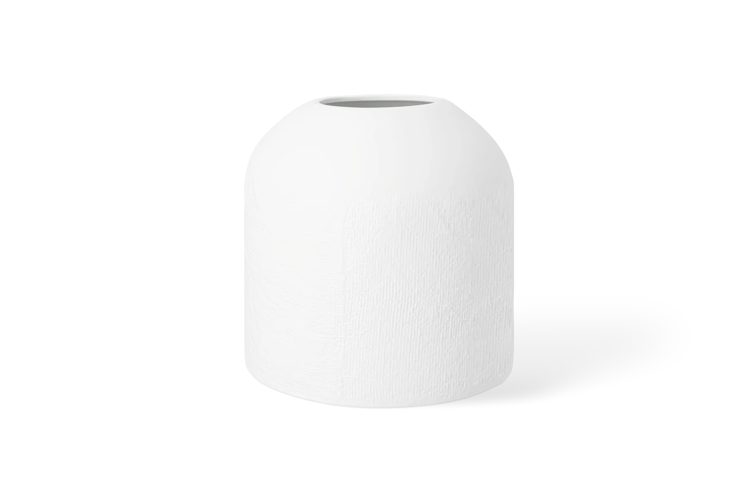 Weiße Vase Formgefühl mit abgerundeter Form, schmaler Öffnung und fein strukturierter Oberfläche in der Rückansicht.