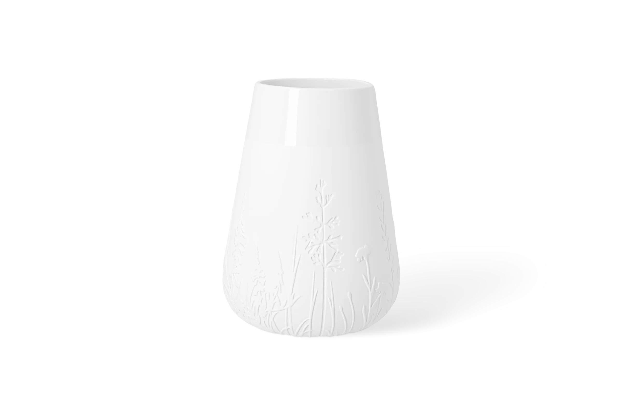 Weiße Porzellanvase Blütezeit mit erhabenem Wiesenblumenrelief in der Linksansicht.