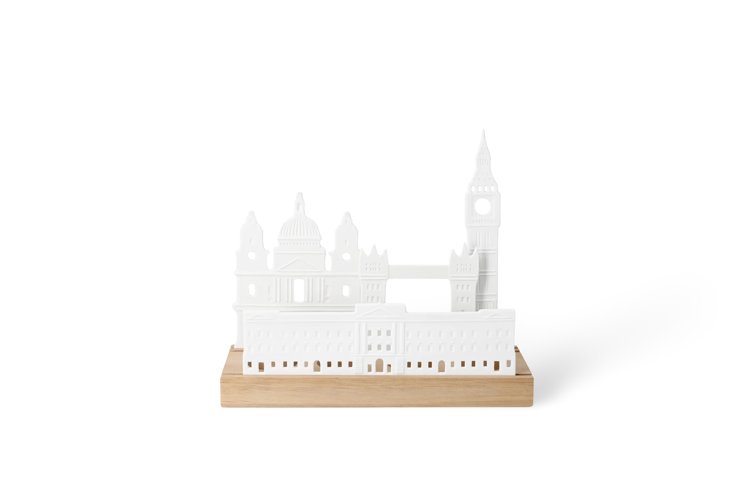 Lichtszene London Weiße Lichtszene mit Londoner Stadtsilhouette und Holzsockel in der Vorderansicht.