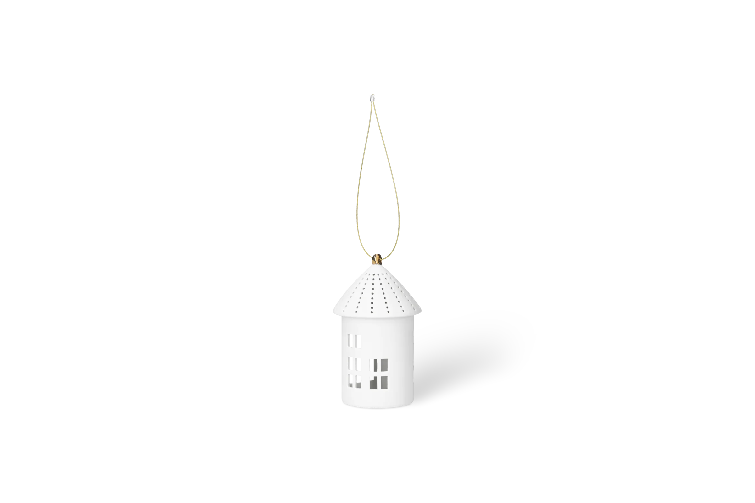 Lichthaus Hängend Rund Klein Weißes Lichthaus aus Porzellan mit quadratischen Fenstern, gepunktetem Dach und goldener Aufhängung in der vorderen Linksansicht.