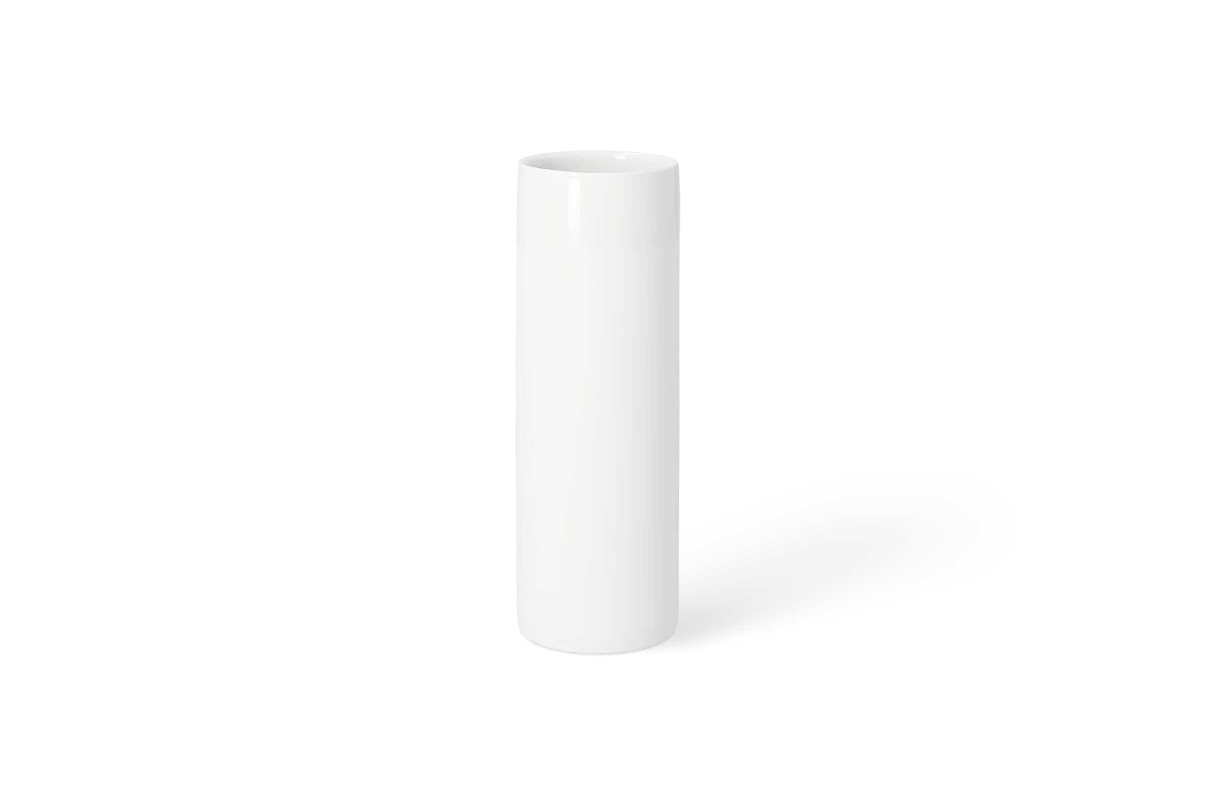 Weiße zylindrische Vase aus der Serie Herzgeschichten mit glatter Oberfläche in der Rückansicht.