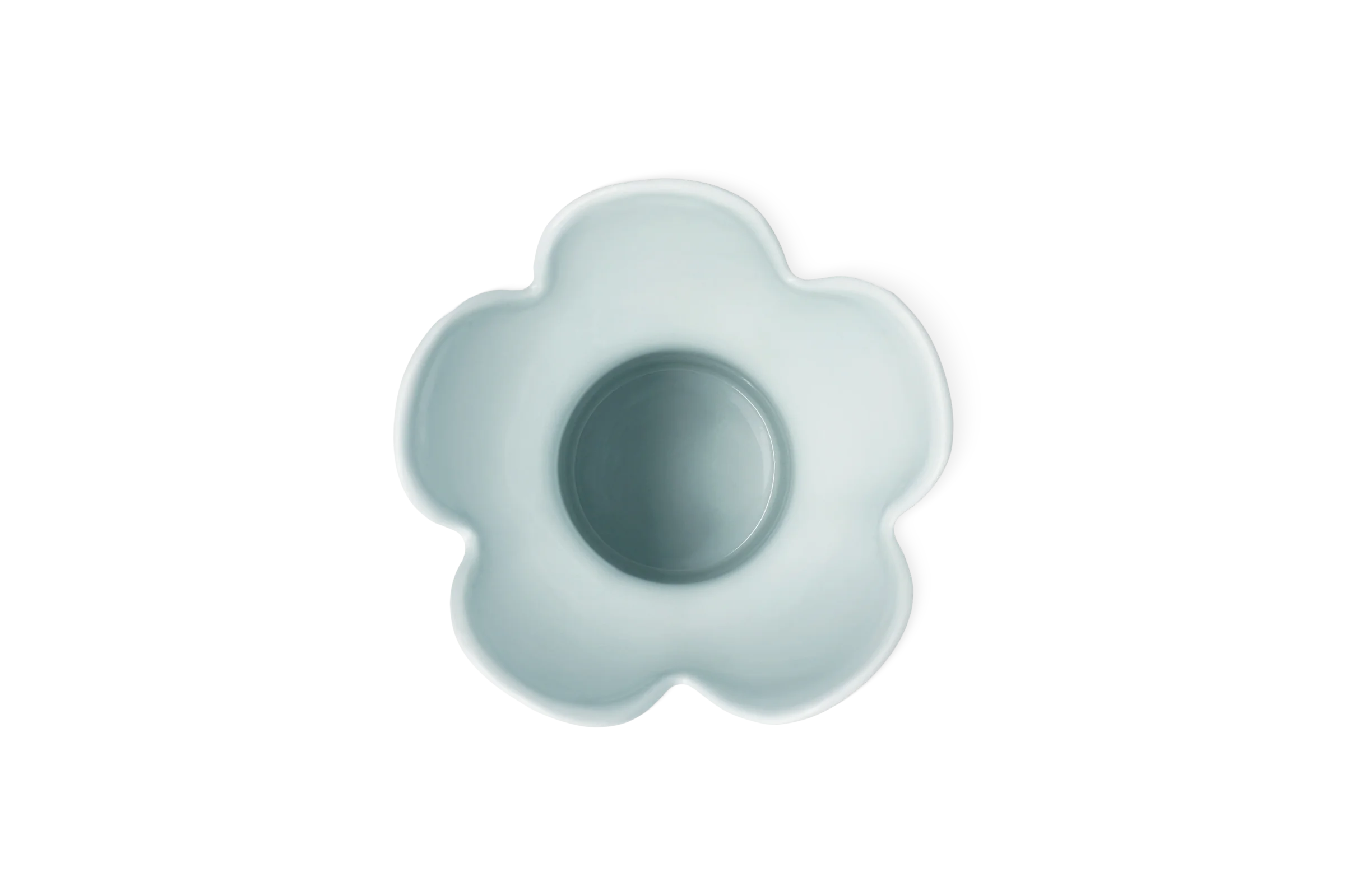 Hellblaue Vase Softtone in Blütenform mit fünf abgerundeten Blättern und runder Öffnung in der Draufsicht.