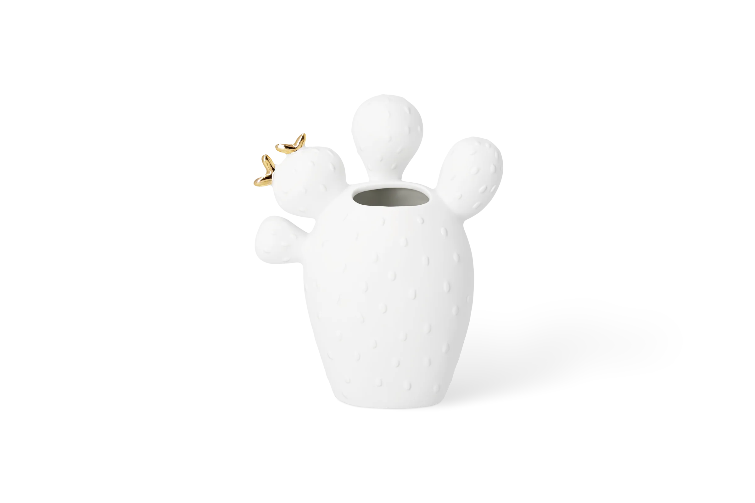 Weiße Vase Blütezeit in Kaktusform mit erhabenen Punkten und goldenen Blüten, in der Vorderansicht.