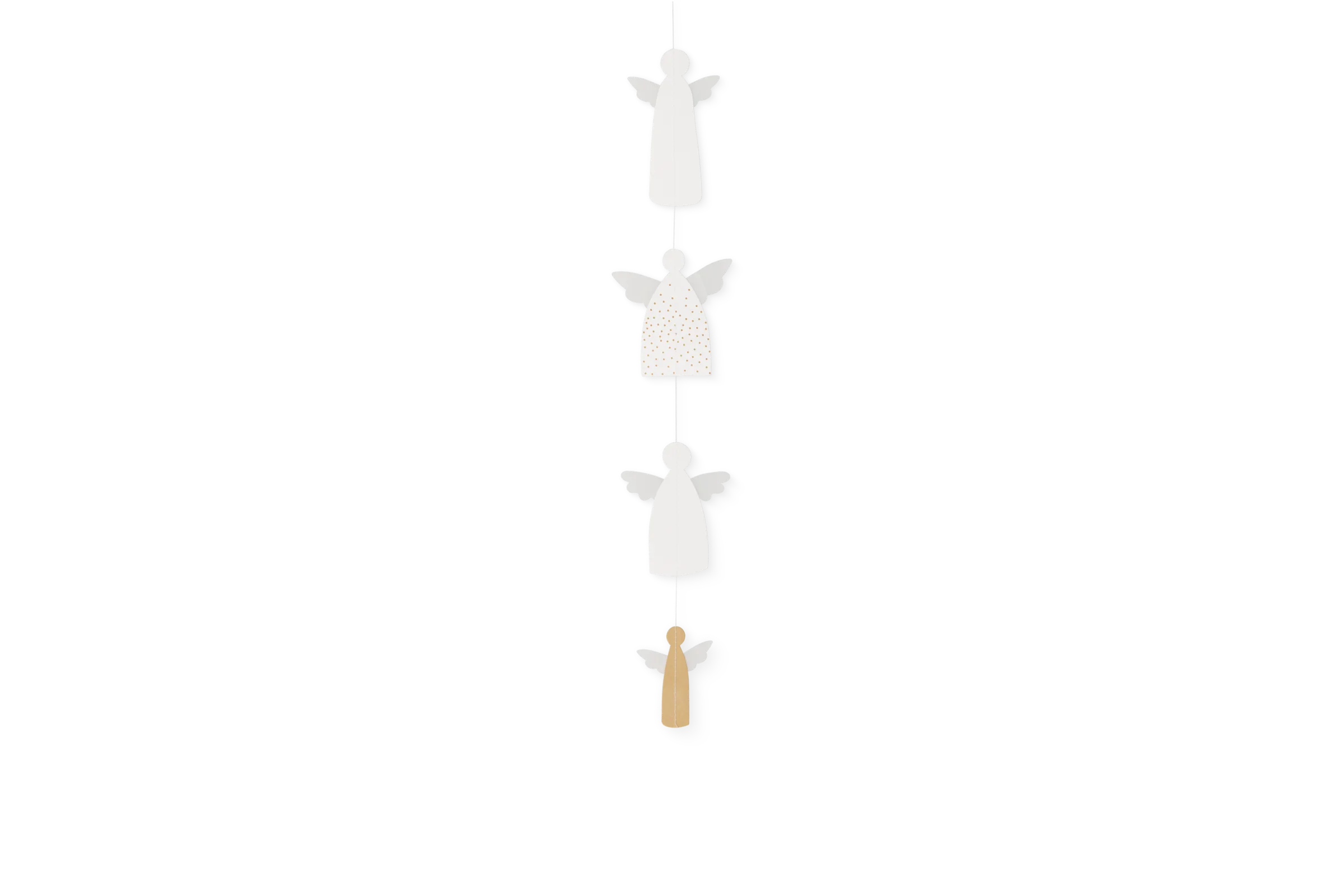 Kette Engel Kurz Kurze Kette mit vier Engeln in Weiß und Gold, einer davon gold gepunktet, in der Vorderansicht.