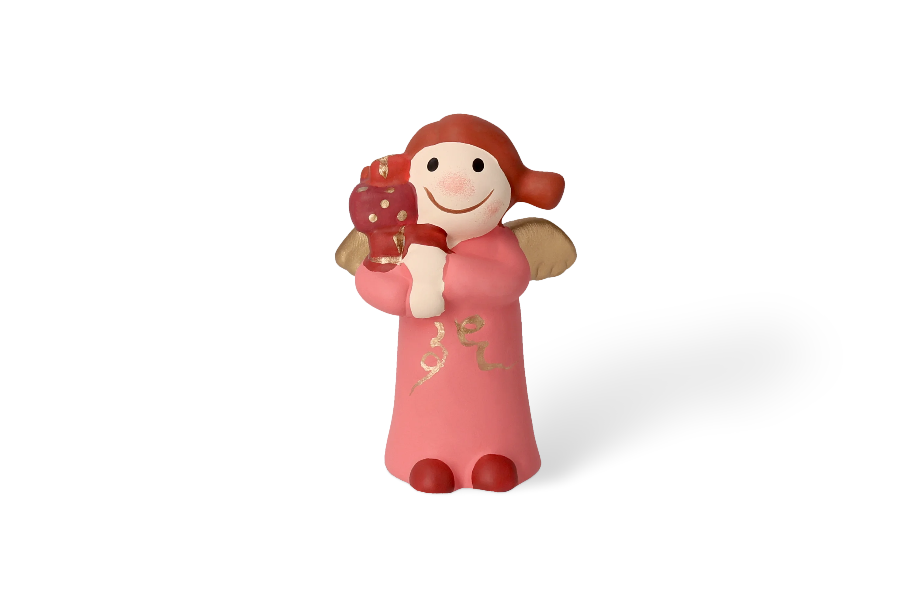 Dekofigur Himmlische Schwester mit goldenen Fluegeln im rosa Kleid haelt Geschenkpakete in rotgoldener Verpackung