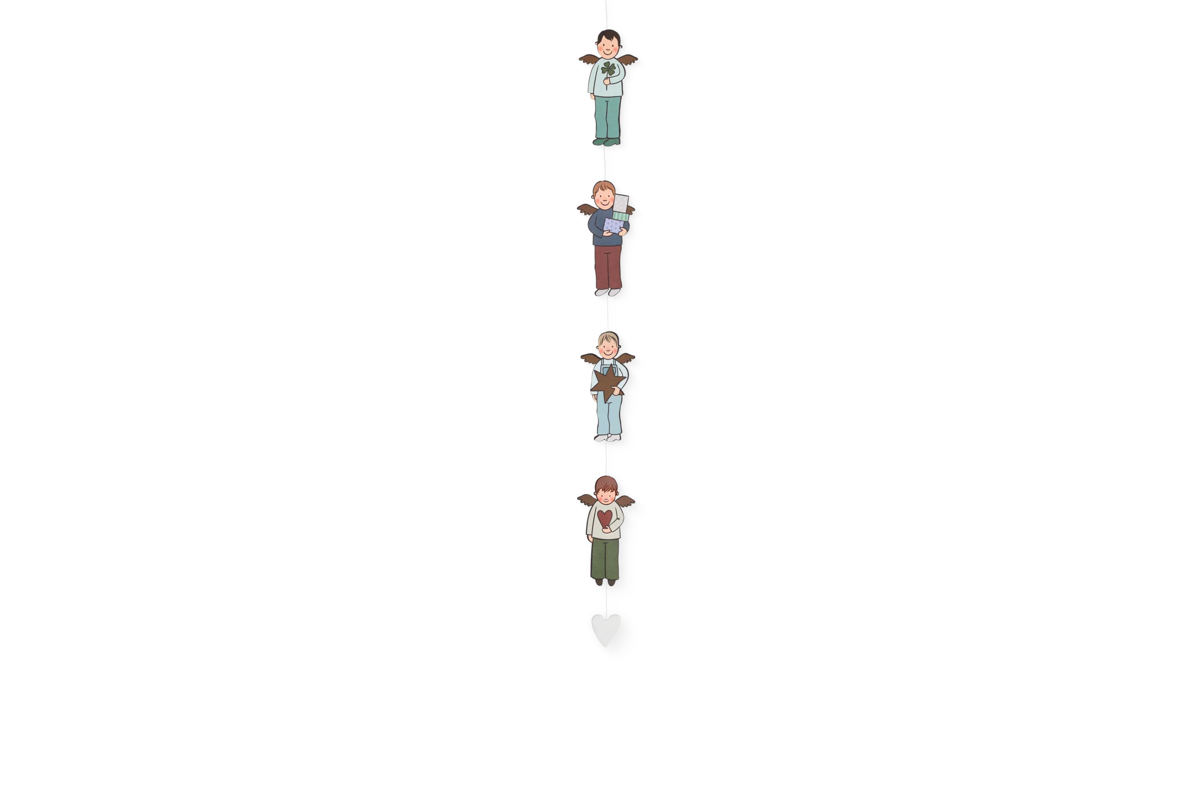 Dekokette mit vier farbig gekleideten Himmlischen Brüdern, Kleeblatt, Geschenk, Stern und Herz in der Rückansicht.