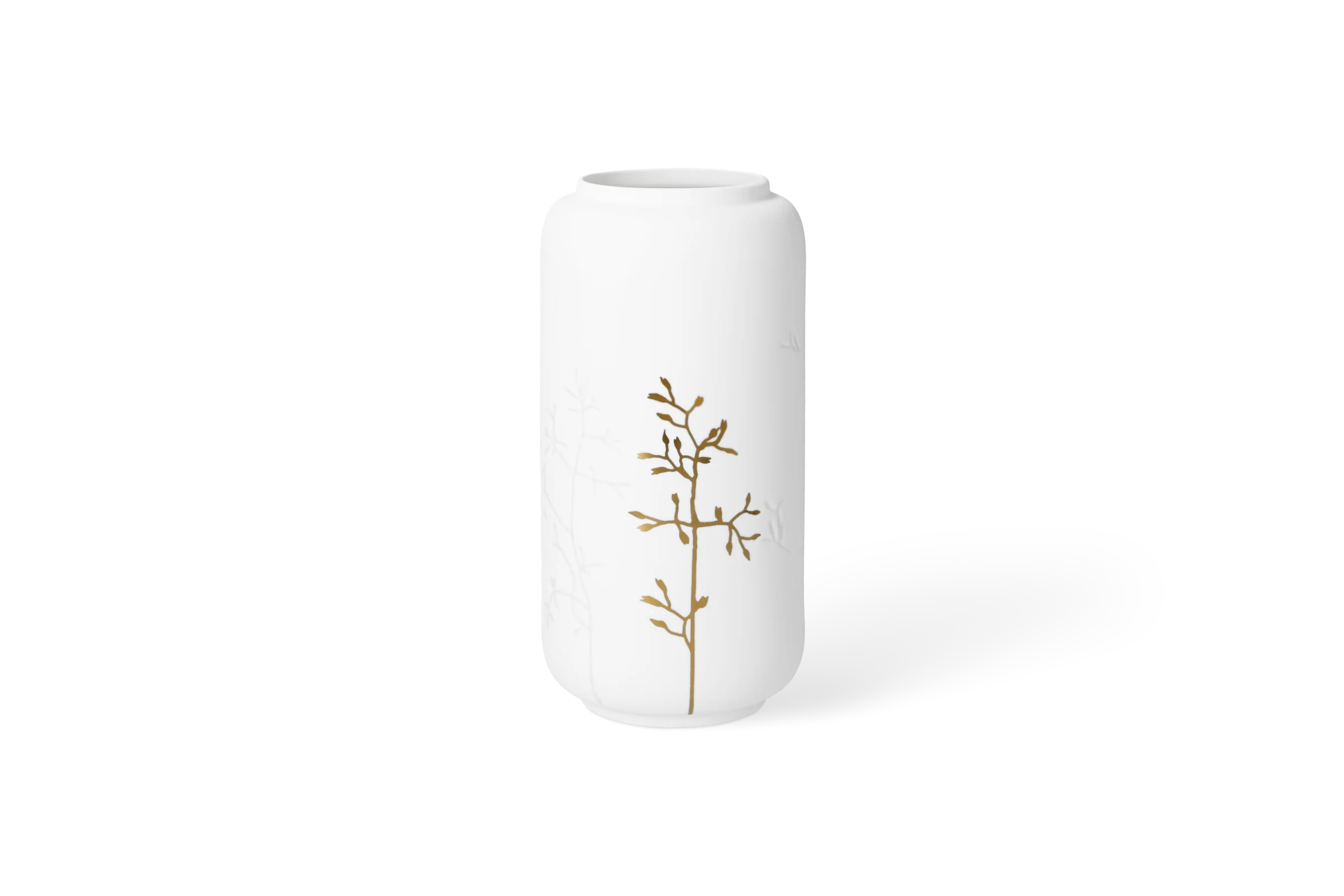 Vase Goldzweig - 1700 ml Weiße Porzellanvase Blattwerk mit goldfarbenem Zweig und eingeprägten Pflanzenmotiven in der Vorderansicht.